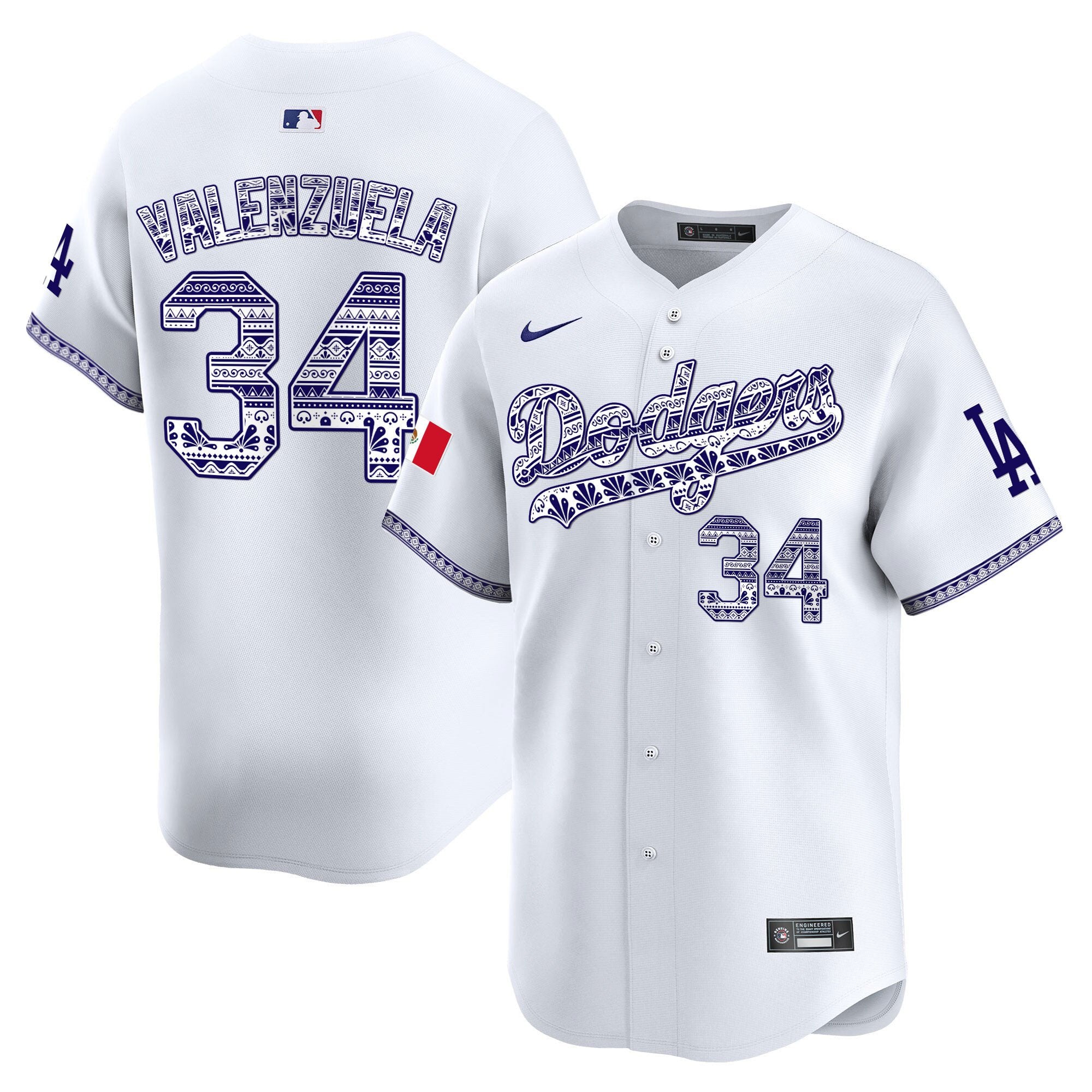 Men's Los Angeles Dodgers Mexico Vapor Premier Limited Jersey V3 - All Stitched - White, Fernando Valenzuela