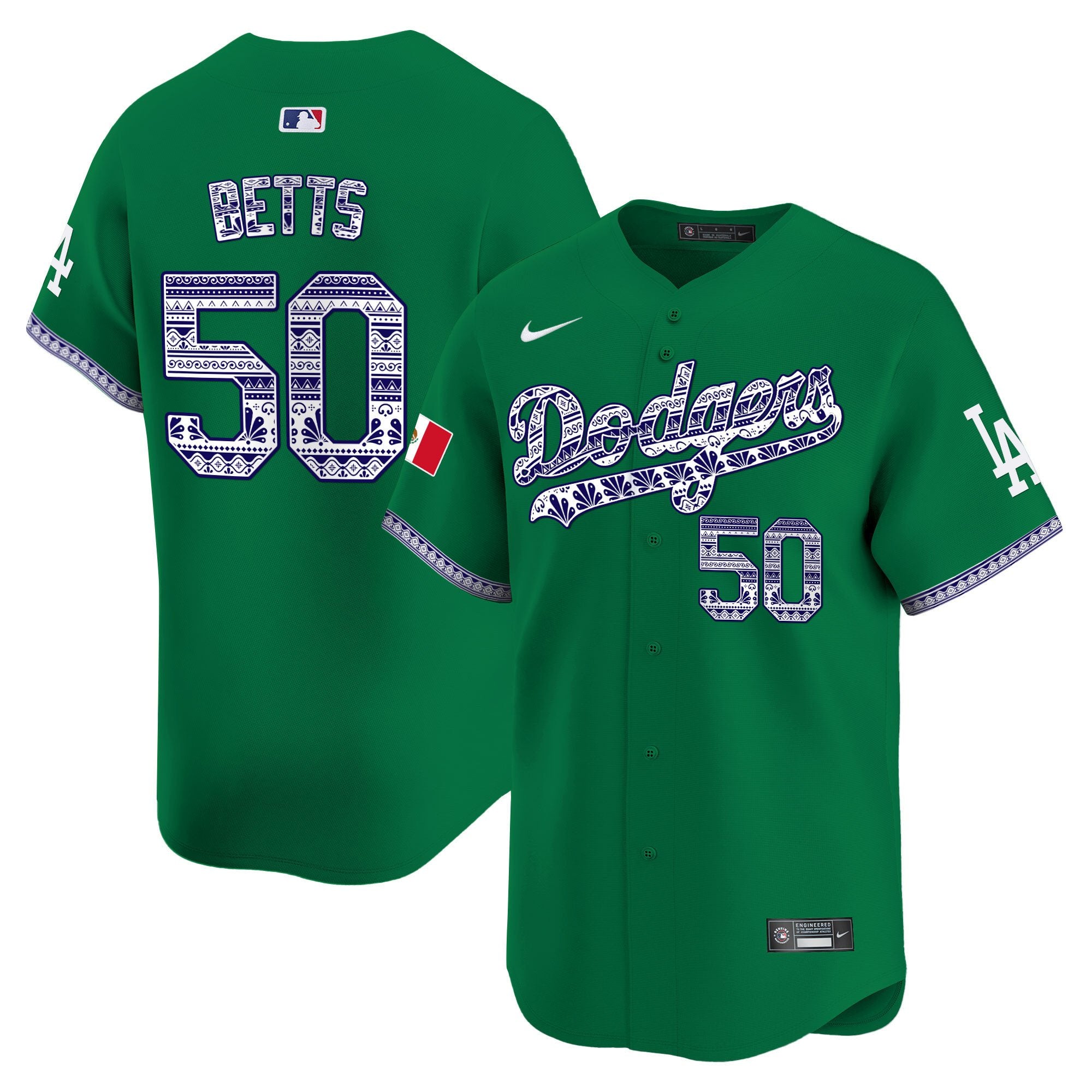 Men's Los Angeles Dodgers Mexico Vapor Premier Limited Jersey V3 - All Stitched - Green, Mookie Betts