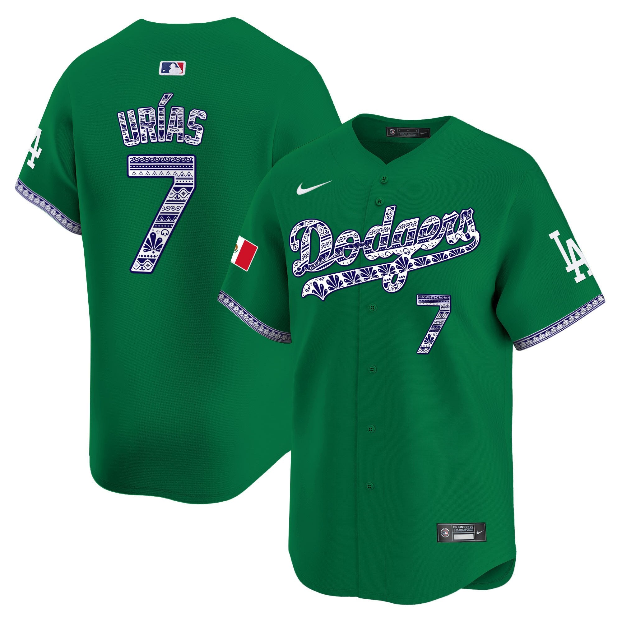Men's Los Angeles Dodgers Mexico Vapor Premier Limited Jersey V3 - All Stitched - Green, Julio Urías
