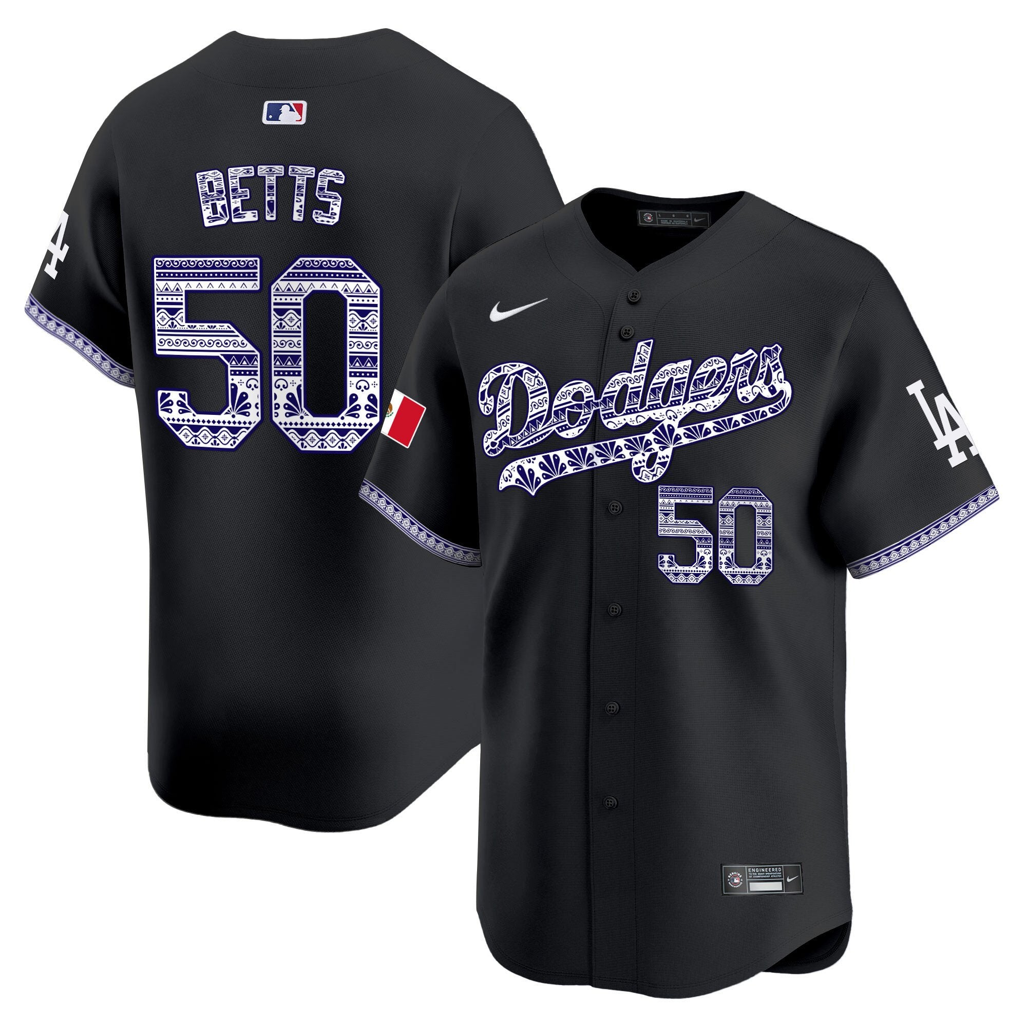 Men's Los Angeles Dodgers Mexico Vapor Premier Limited Jersey V3 - All Stitched - Black, Mookie Betts