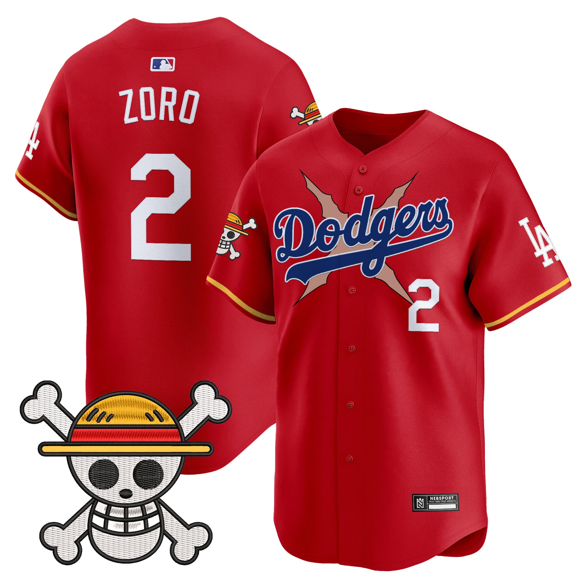 Men's Los Angeles Dodgers x One Piece 2025 Vapor Premier Limited Jersey - Stitched - Red, Zoro