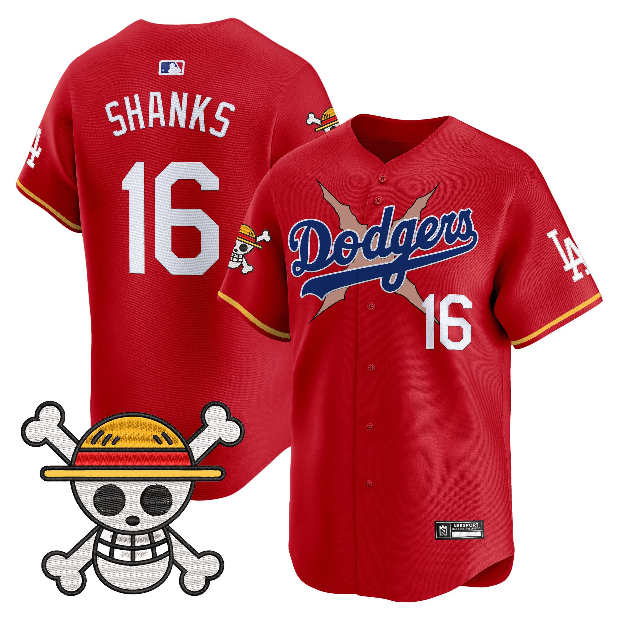 Men's Los Angeles Dodgers x One Piece 2025 Vapor Premier Limited Jersey - Stitched - Red, Shanks