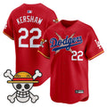 Men's Los Angeles Dodgers x One Piece 2025 Vapor Premier Limited Jersey - Stitched - Red, Clayton Kershaw