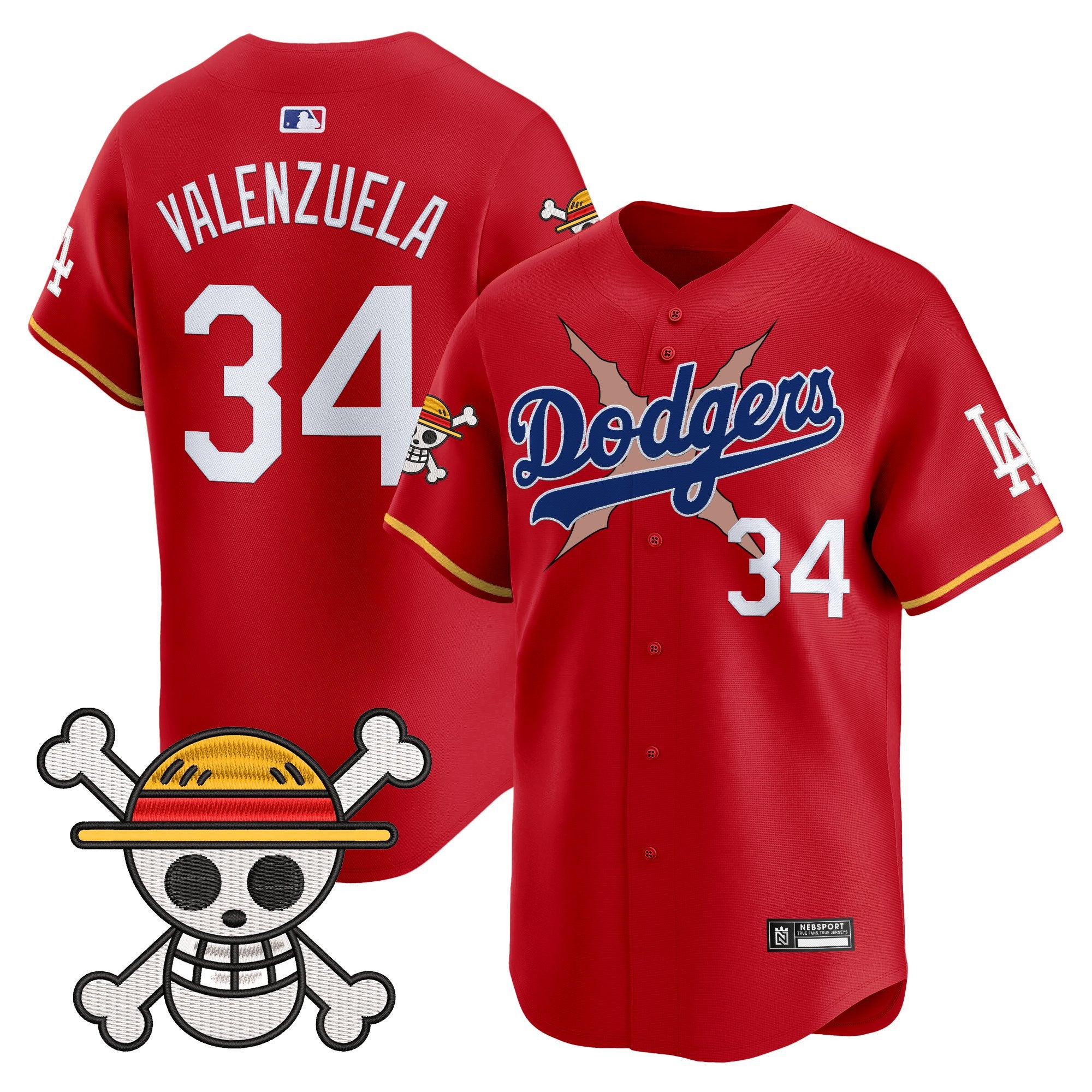 Men's Los Angeles Dodgers x One Piece 2025 Vapor Premier Limited Jersey - Stitched - Red, Fernando Valenzuela