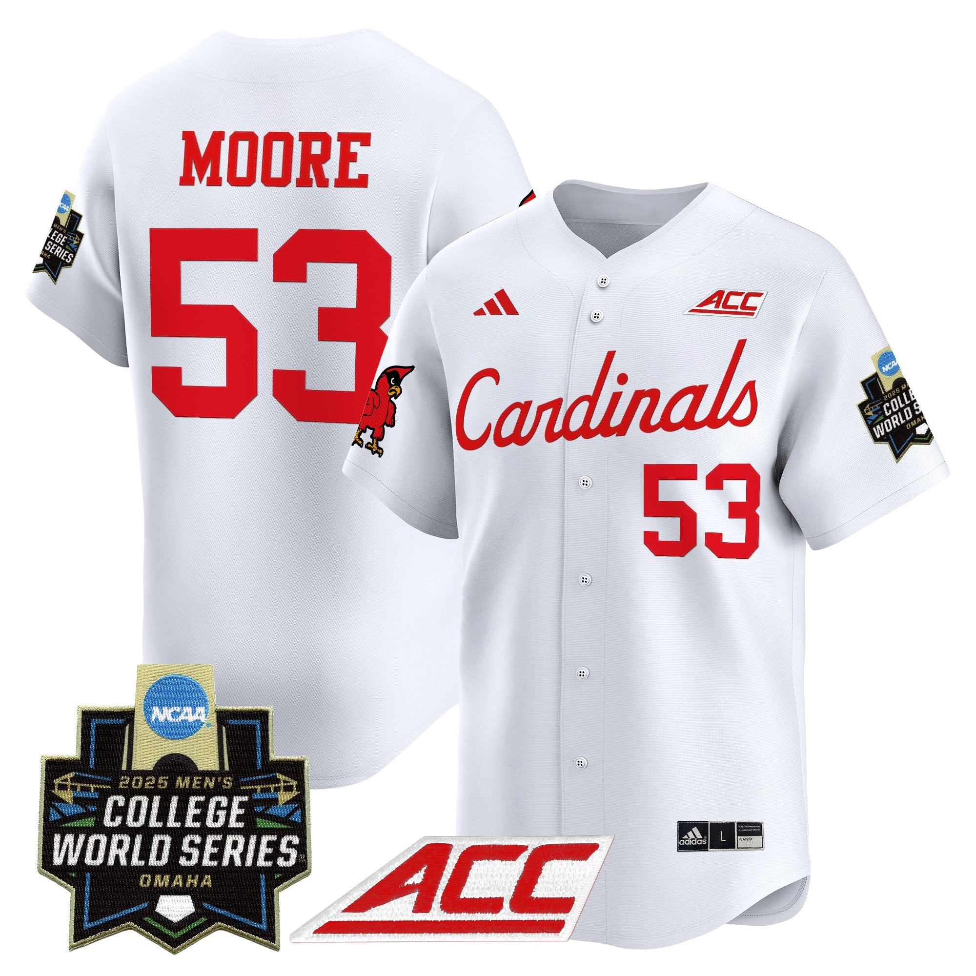 Men's Louisville Cardinals 2025 World Series Vapor Premier Limited Jersey - All Stitched - White, Lucas Moore