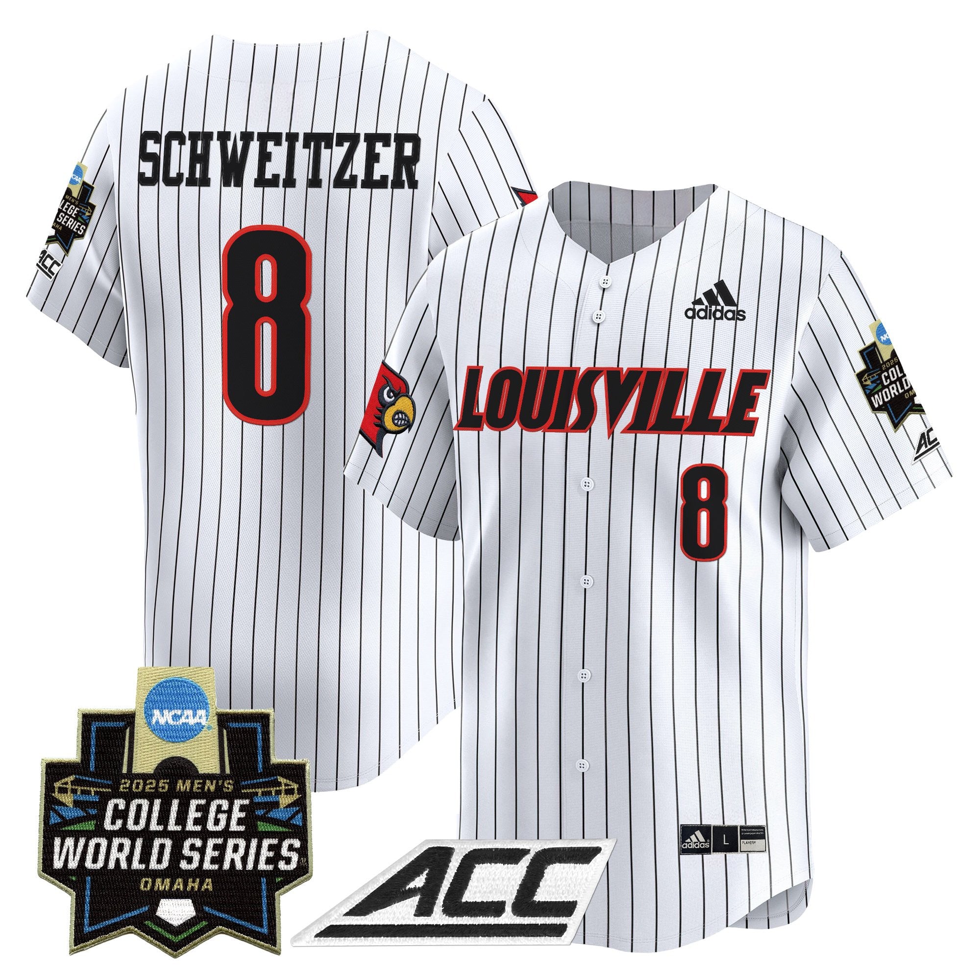 Men's Louisville Cardinals 2025 World Series Vapor Premier Limited Jersey - All Stitched - Pinstripe, Jake Schweitzer