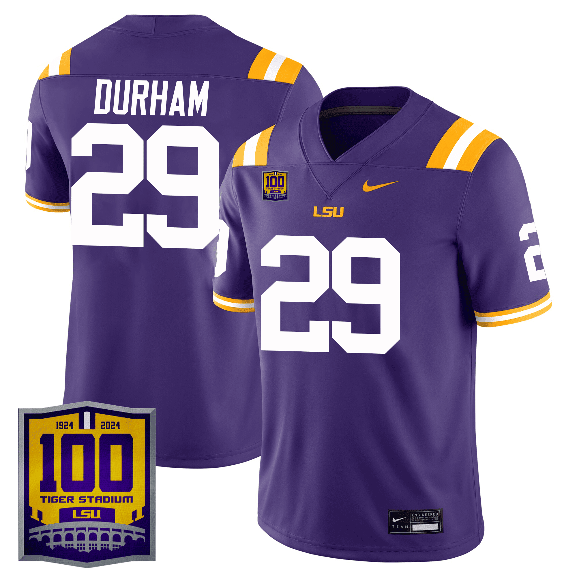 Men's LSU Tigers 100 Years of Tiger Stadium Patch Vapor Limited Jersey - All Stitched - Purple, Caden Durham