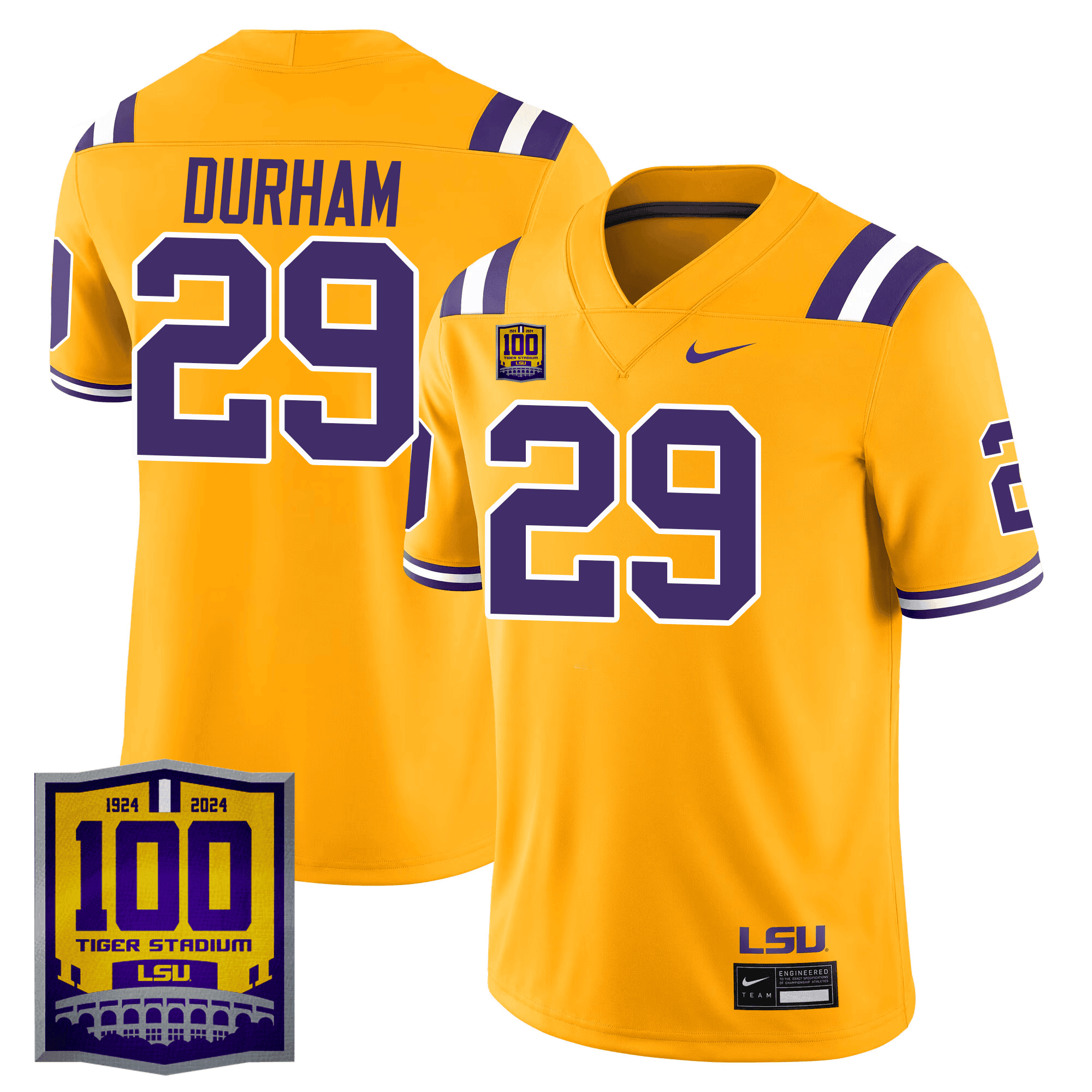 Men's LSU Tigers 100 Years of Tiger Stadium Patch Vapor Limited Jersey - All Stitched - Gold, Caden Durham
