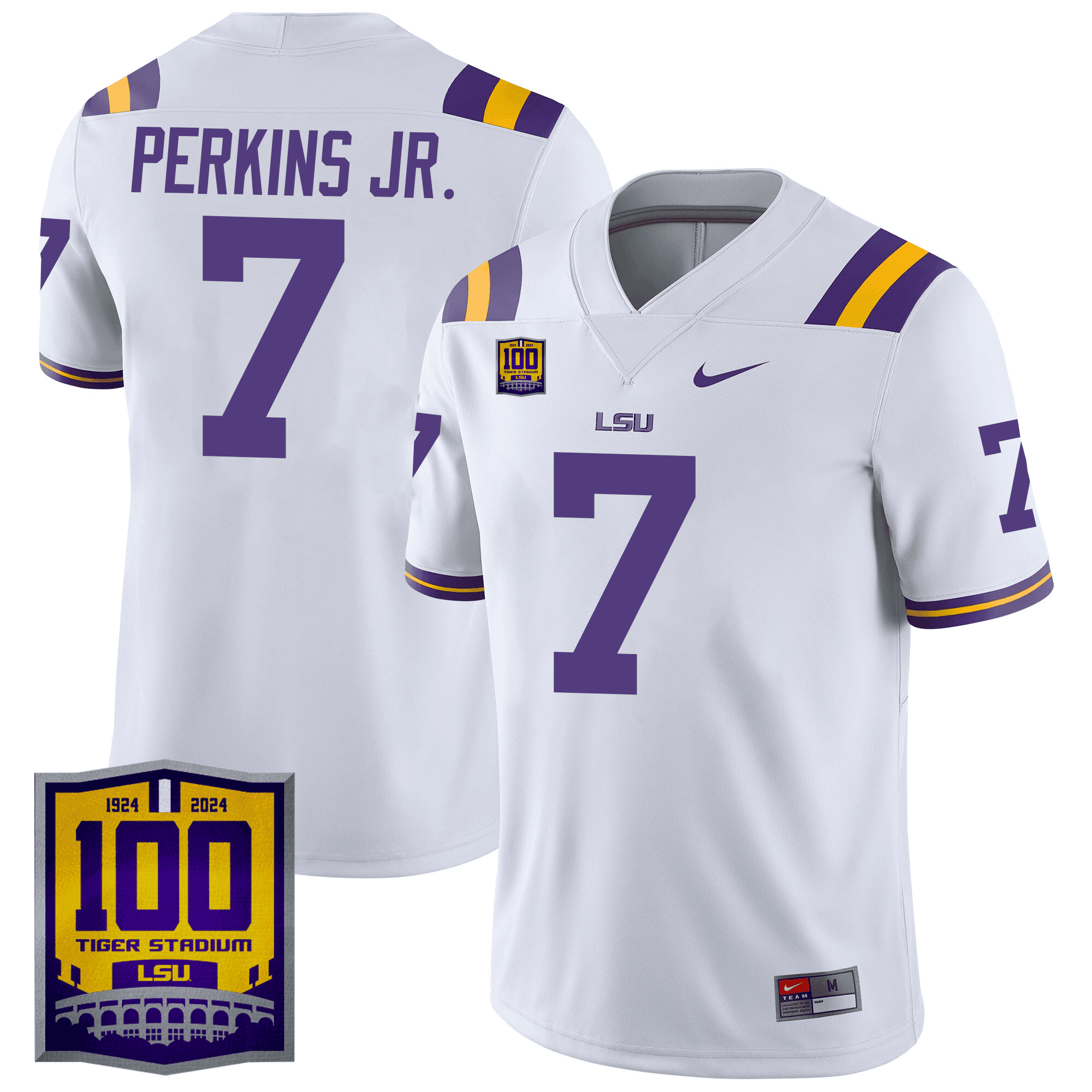 Men's LSU Tigers 100 Years of Tiger Stadium Patch Vapor Limited Jersey - All Stitched - White, Harold Perkins Jr.