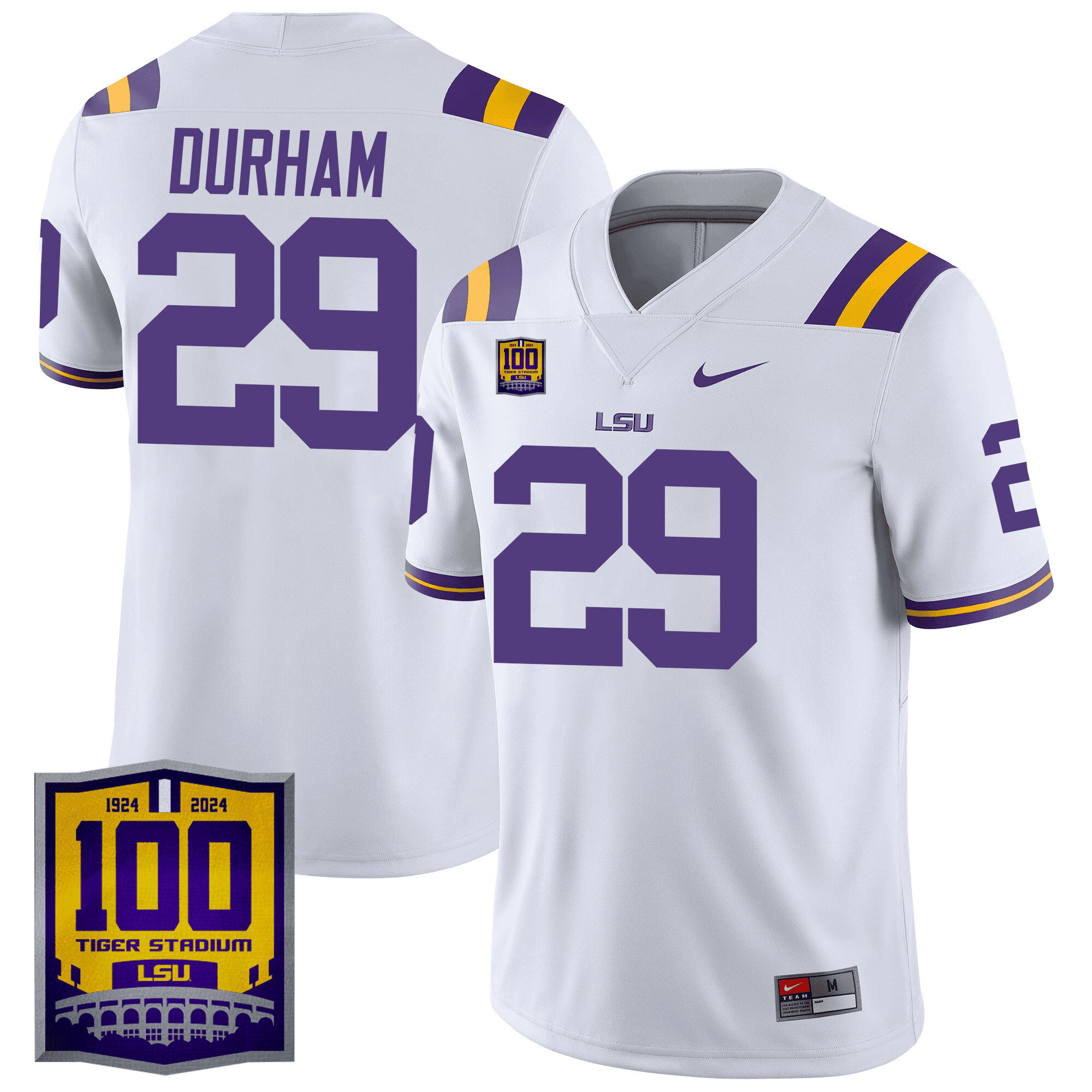 Men's LSU Tigers 100 Years of Tiger Stadium Patch Vapor Limited Jersey - All Stitched - White, Caden Durham