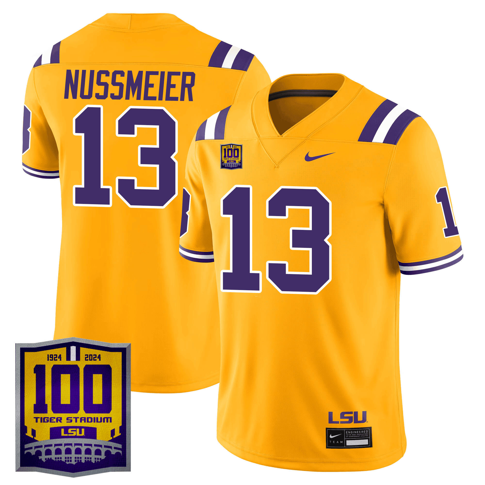 Men's LSU Tigers 100 Years of Tiger Stadium Patch Vapor Limited Jersey - All Stitched - Gold, Garrett Nussmeier