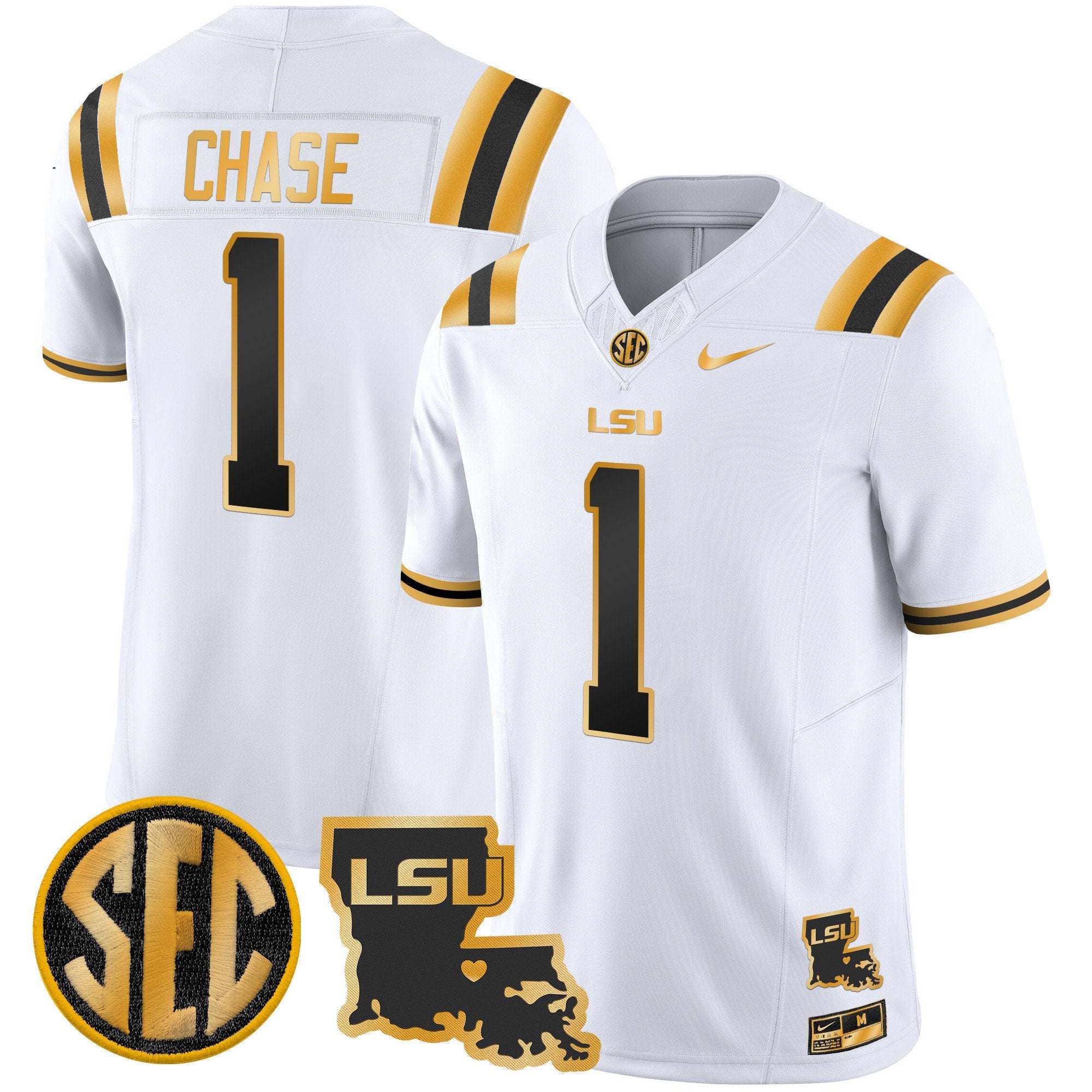 Men's LSU Tigers 2024 Louisiana Patch Gold Vapor Limited Jersey - All Stitched - White Gold, Ja'Marr Chase