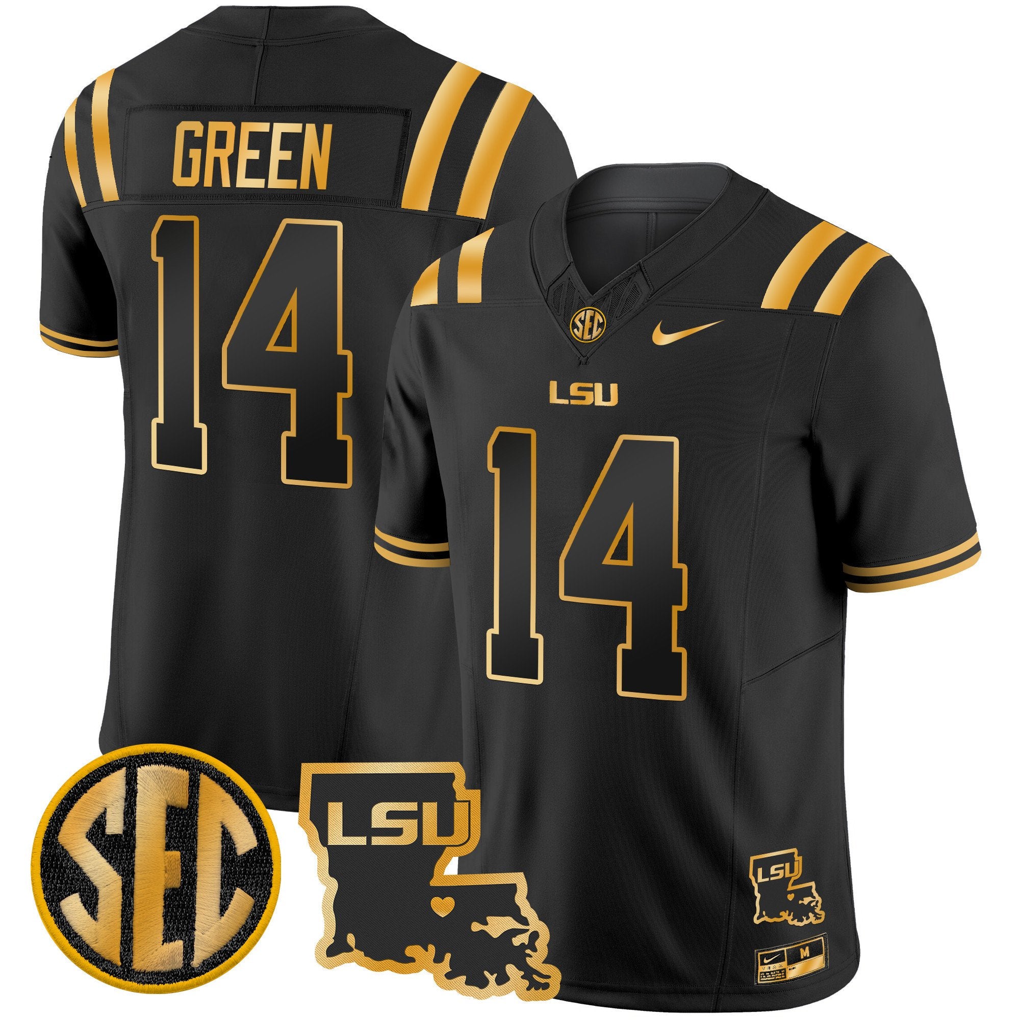 Men's LSU Tigers 2024 Louisiana Patch Gold Vapor Limited Jersey - All Stitched - Black Gold, Trey'Dez Green