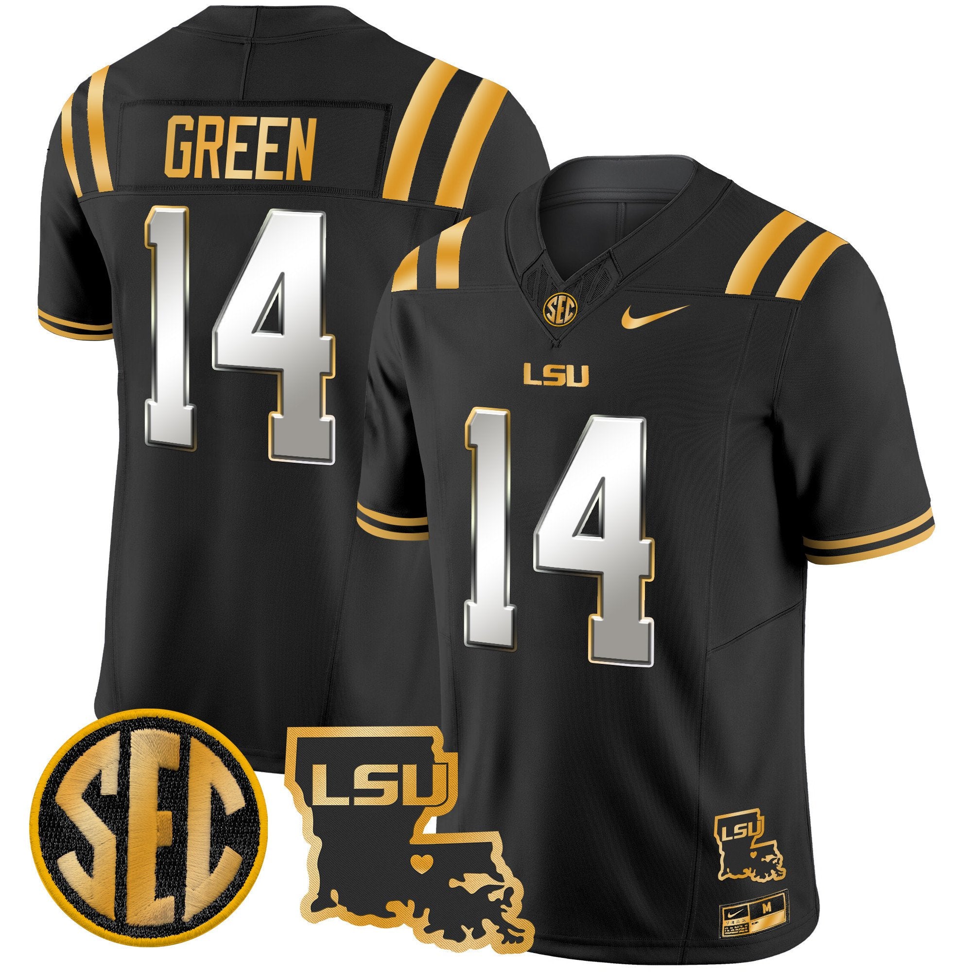 Men's LSU Tigers 2024 Louisiana Patch Gold Vapor Limited Jersey - All Stitched - Black Limited, Trey'Dez Green