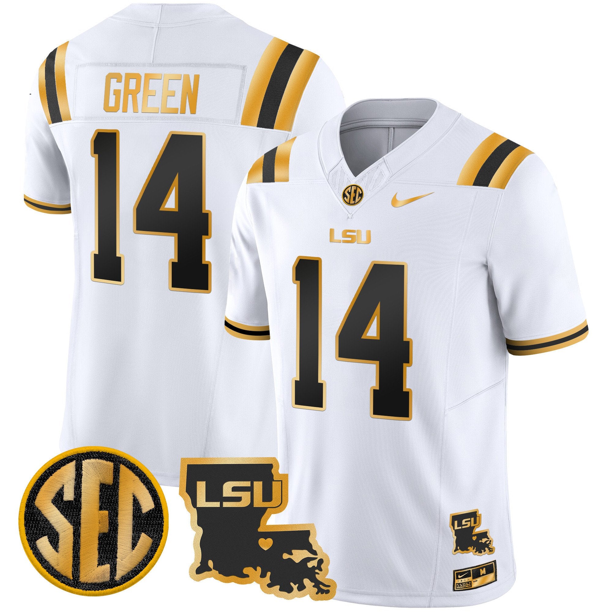 Men's LSU Tigers 2024 Louisiana Patch Gold Vapor Limited Jersey - All Stitched - White Gold, Trey'Dez Green