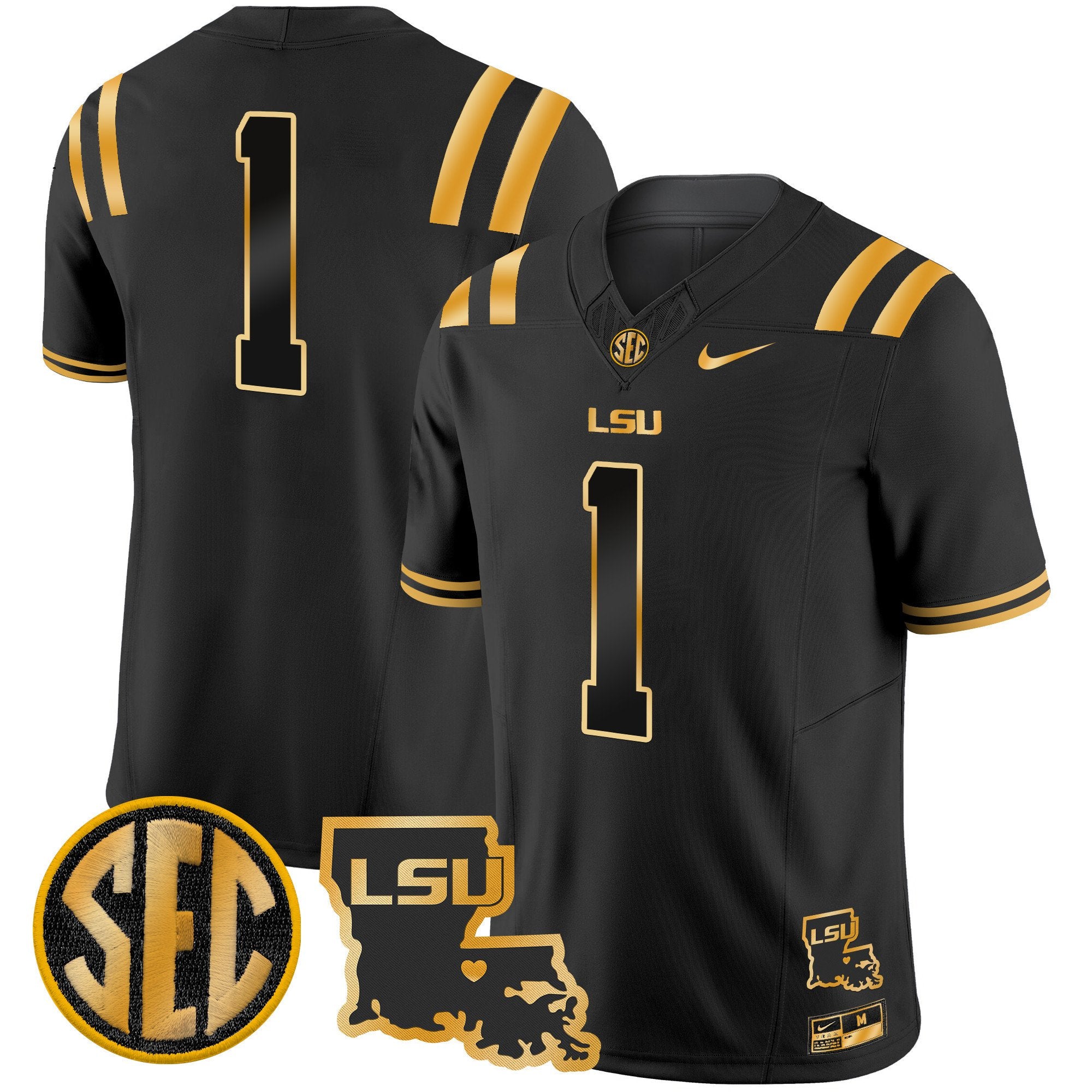 Men's LSU Tigers 2024 Louisiana Patch Gold Vapor Limited Jersey - All Stitched - Black Gold, #1 Team