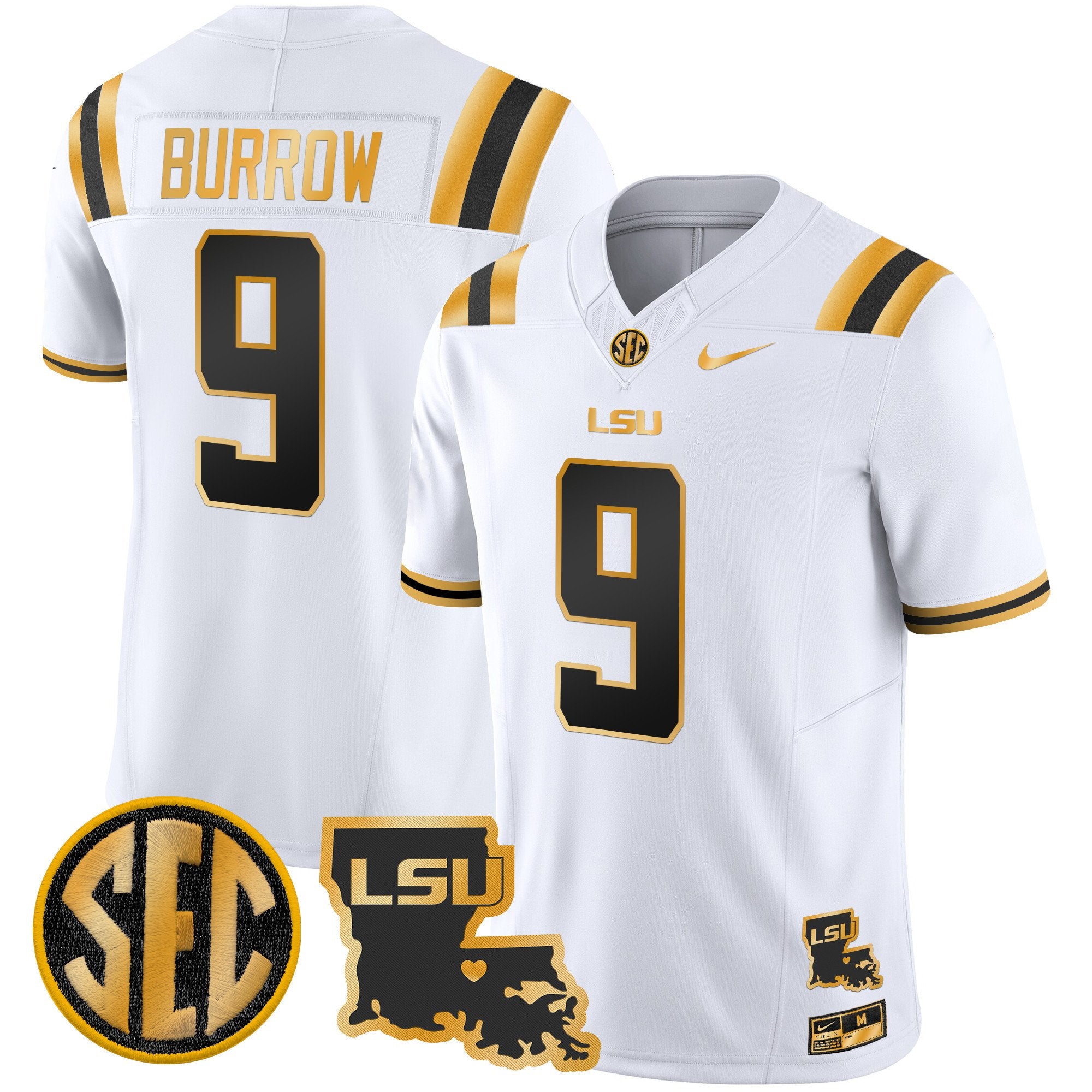 Men's LSU Tigers 2024 Louisiana Patch Gold Vapor Limited Jersey - All Stitched - White Gold, Joe Burrow