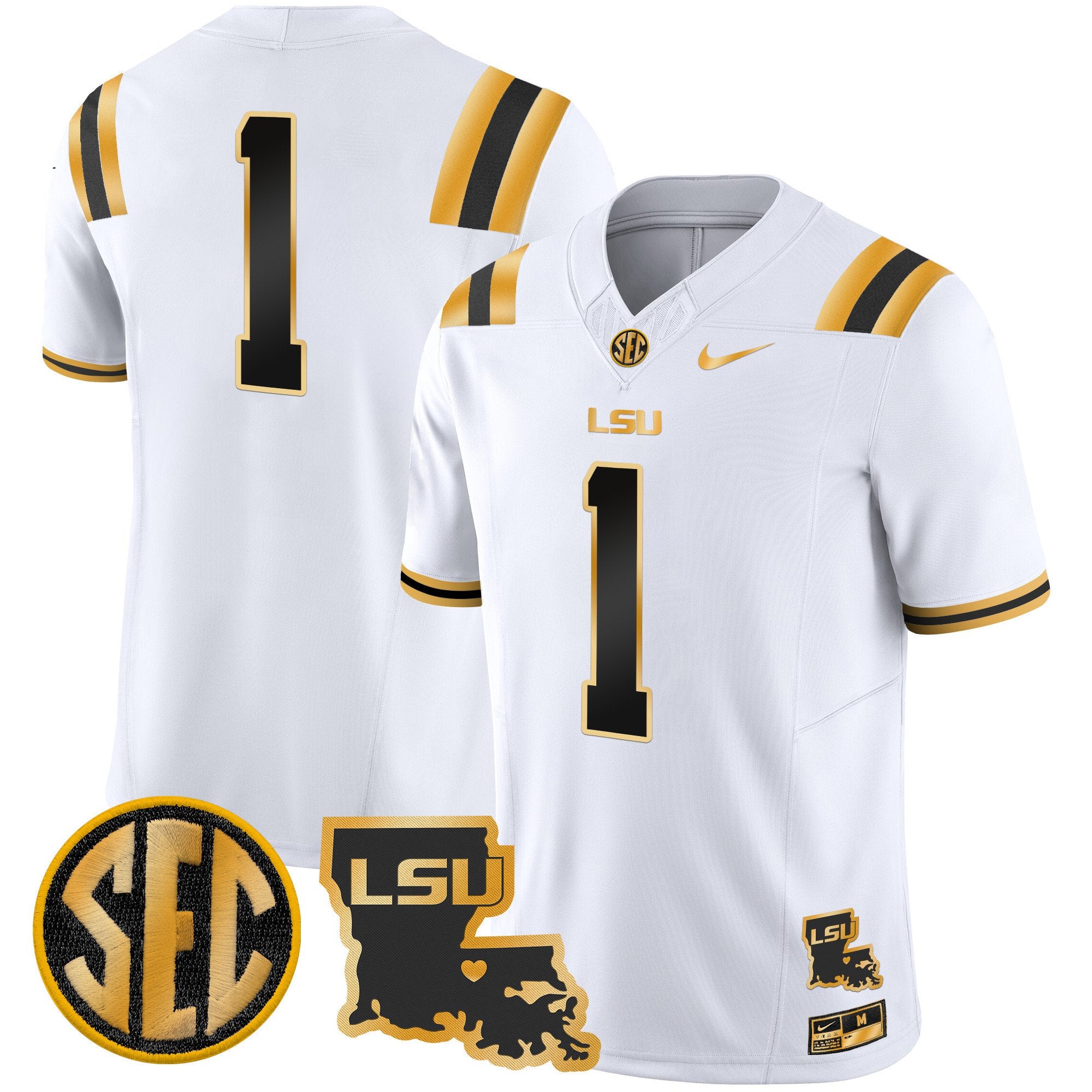 Men's LSU Tigers 2024 Louisiana Patch Gold Vapor Limited Jersey - All Stitched - White Gold, #1 Team