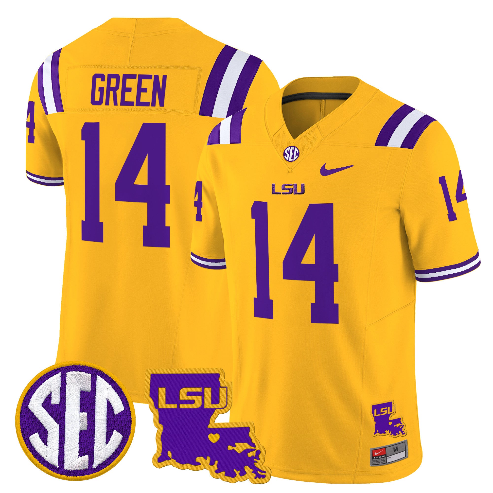 Men's LSU Tigers 2025 Louisiana Patch Vapor Limited Jersey - All Stitched - Gold, Trey'Dez Green