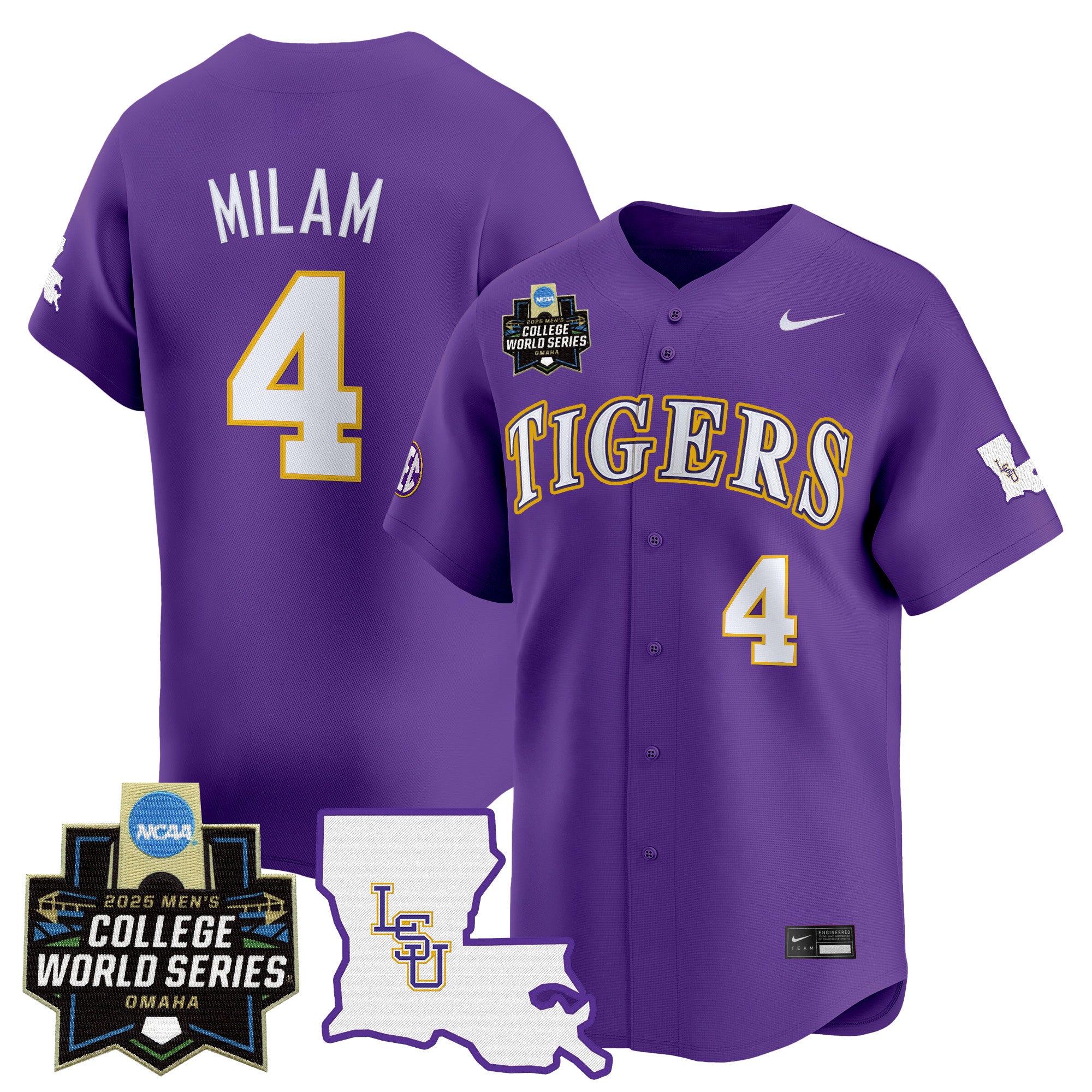Men's LSU Tigers 2025 World Series Vapor Premier Limited Jersey - All Stitched - Purple, Steven Milam