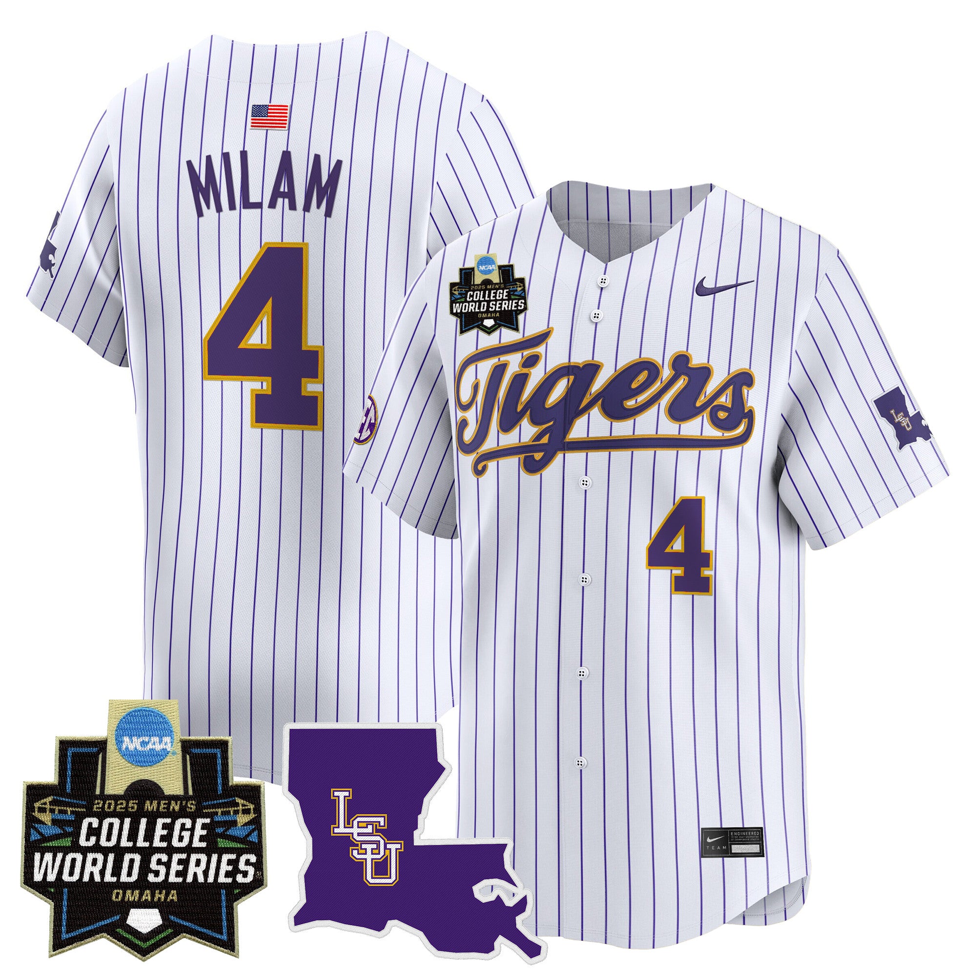 Men's LSU Tigers 2025 World Series Vapor Premier Limited Jersey - All Stitched - Pinstripe, Steven Milam
