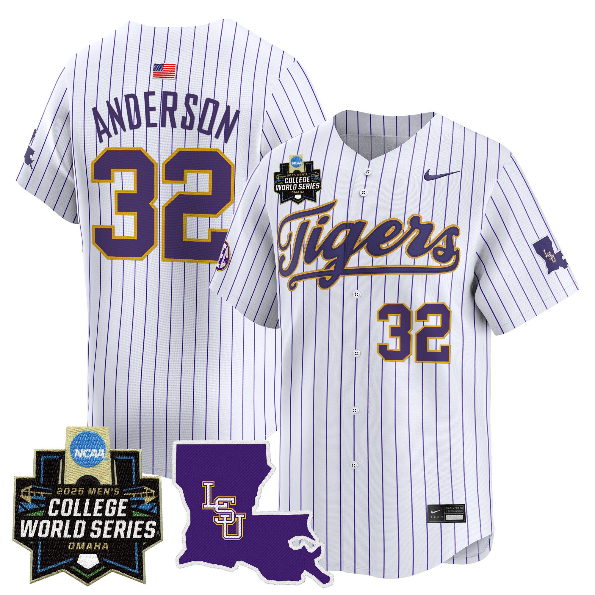 Men's LSU Tigers 2025 World Series Vapor Premier Limited Jersey - All Stitched - Pinstripe, Kade Anderson