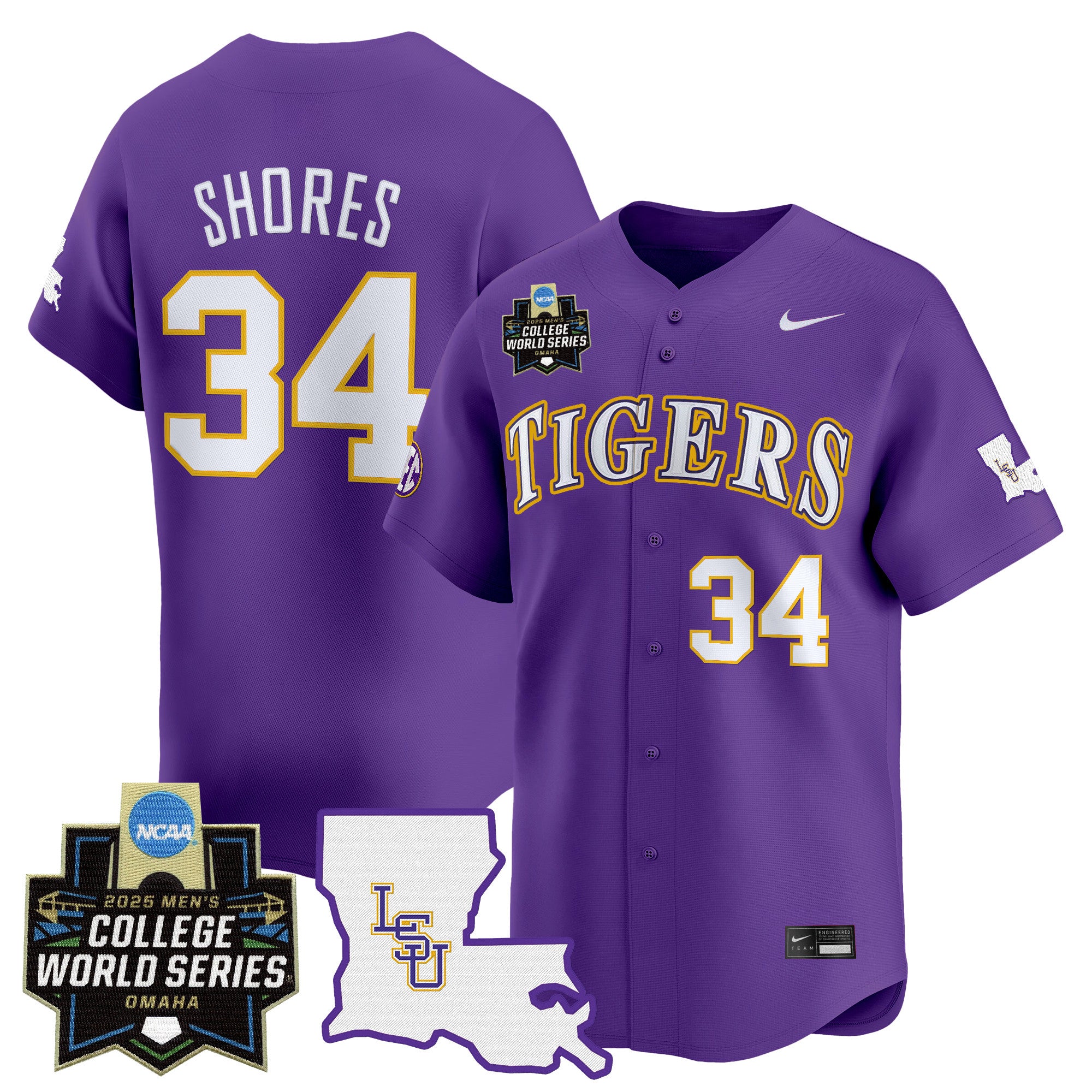 Men's LSU Tigers 2025 World Series Vapor Premier Limited Jersey - All Stitched - Purple, Chase Shores