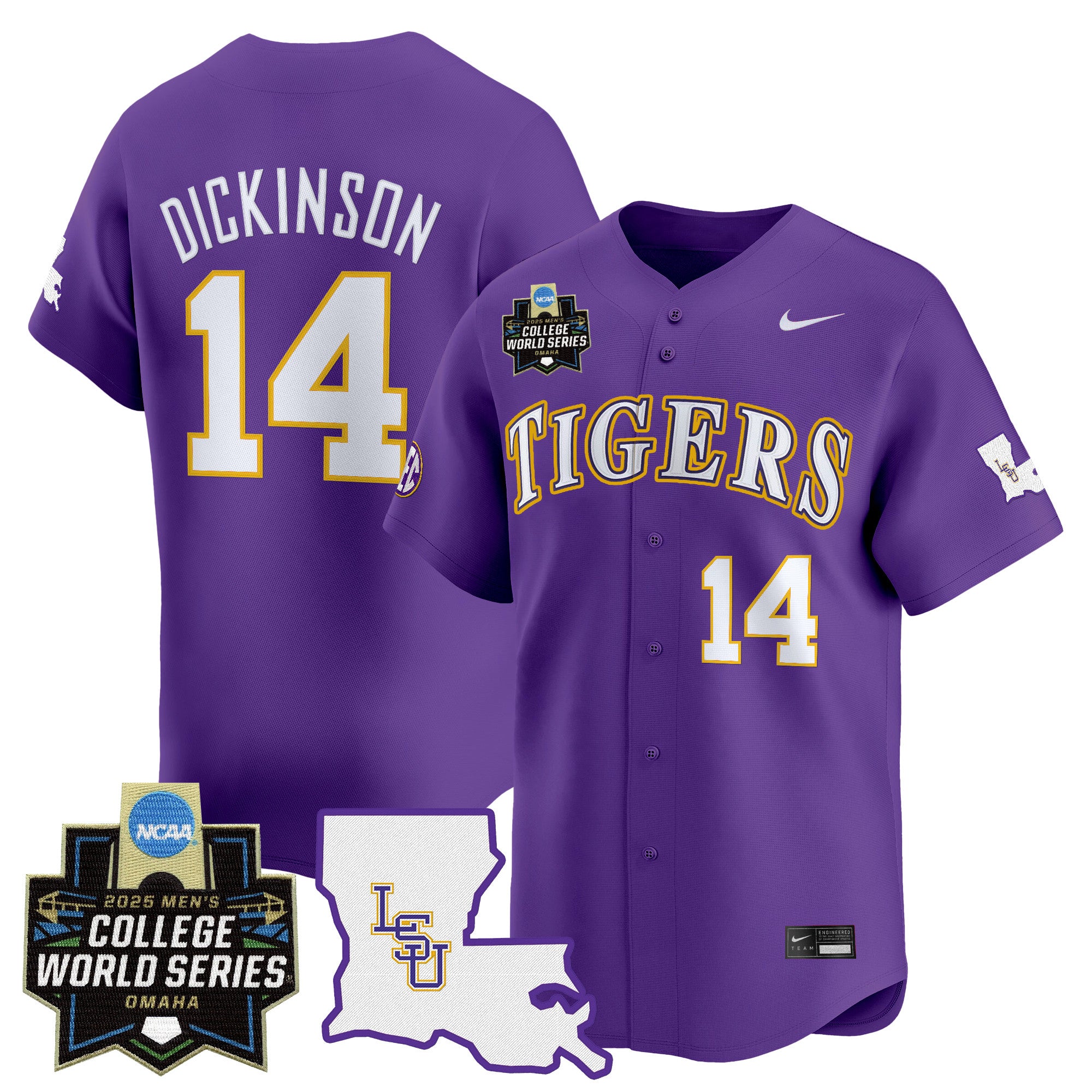 Men's LSU Tigers 2025 World Series Vapor Premier Limited Jersey - All Stitched - Purple, Daniel Dickinson
