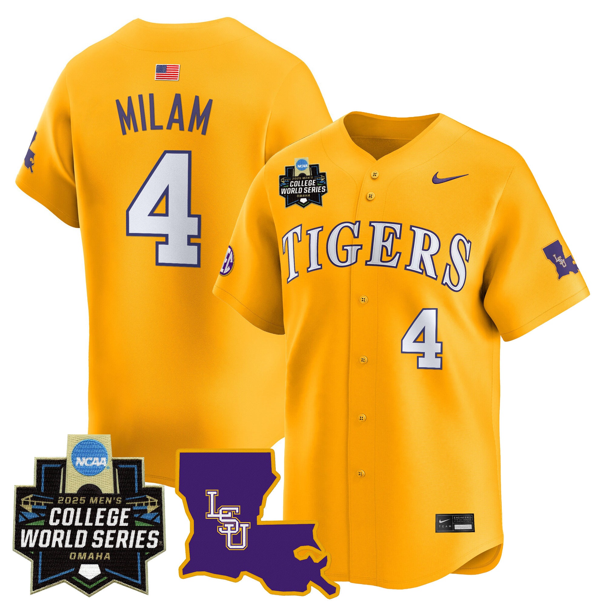 Men's LSU Tigers 2025 World Series Vapor Premier Limited Jersey - All Stitched - Gold, Steven Milam