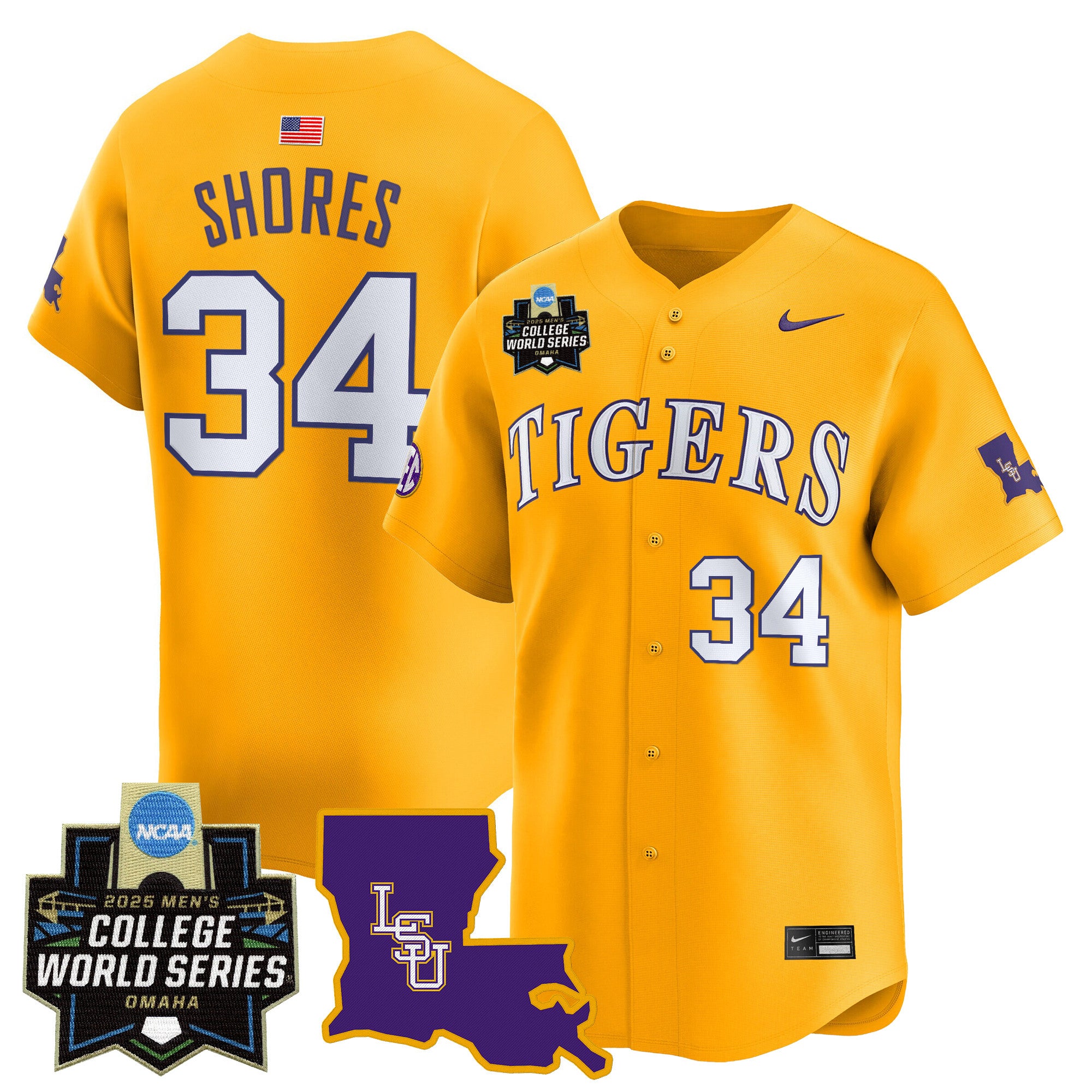 Men's LSU Tigers 2025 World Series Vapor Premier Limited Jersey - All Stitched - Gold, Chase Shores