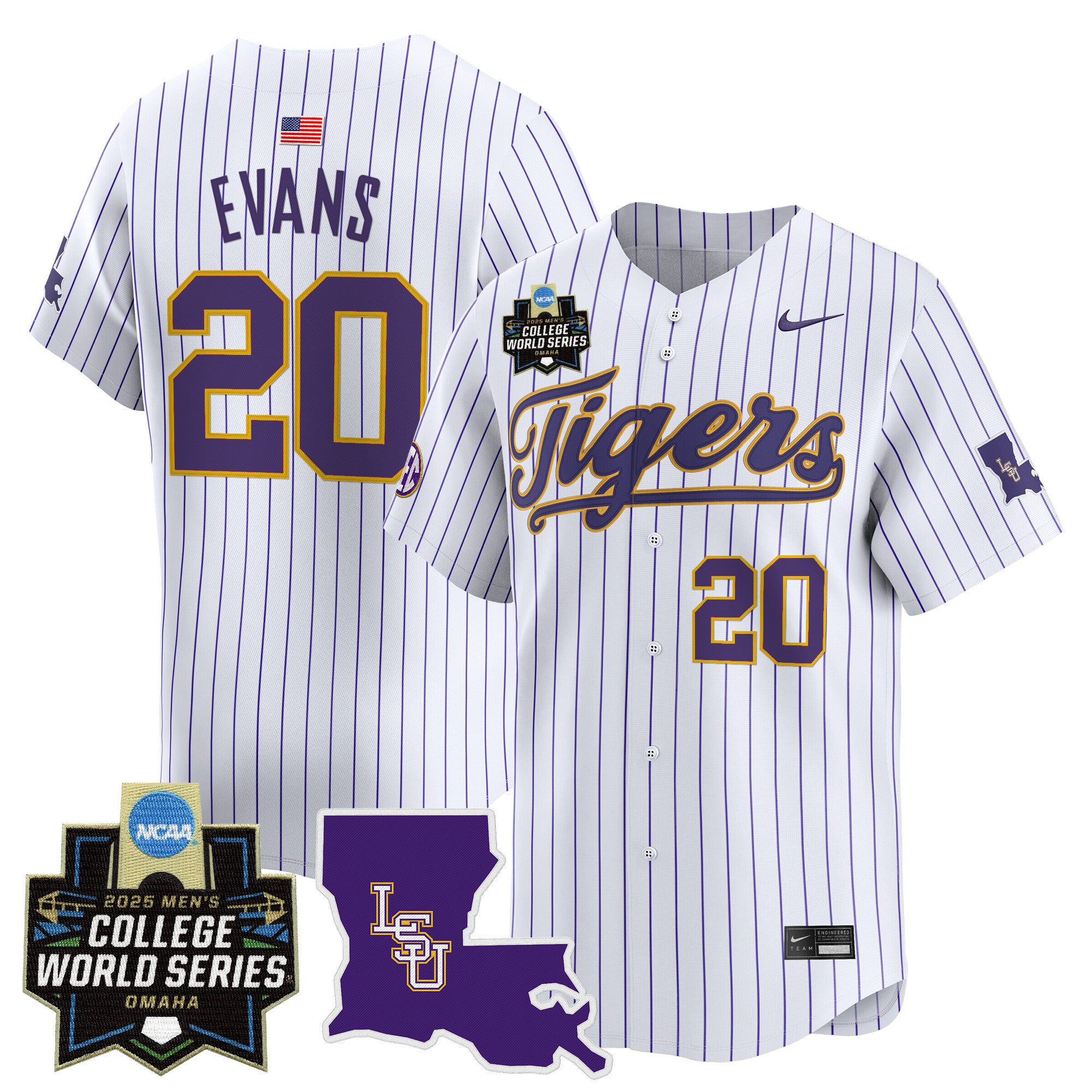 Men's LSU Tigers 2025 World Series Vapor Premier Limited Jersey - All Stitched - Pinstripe, Casan Evans