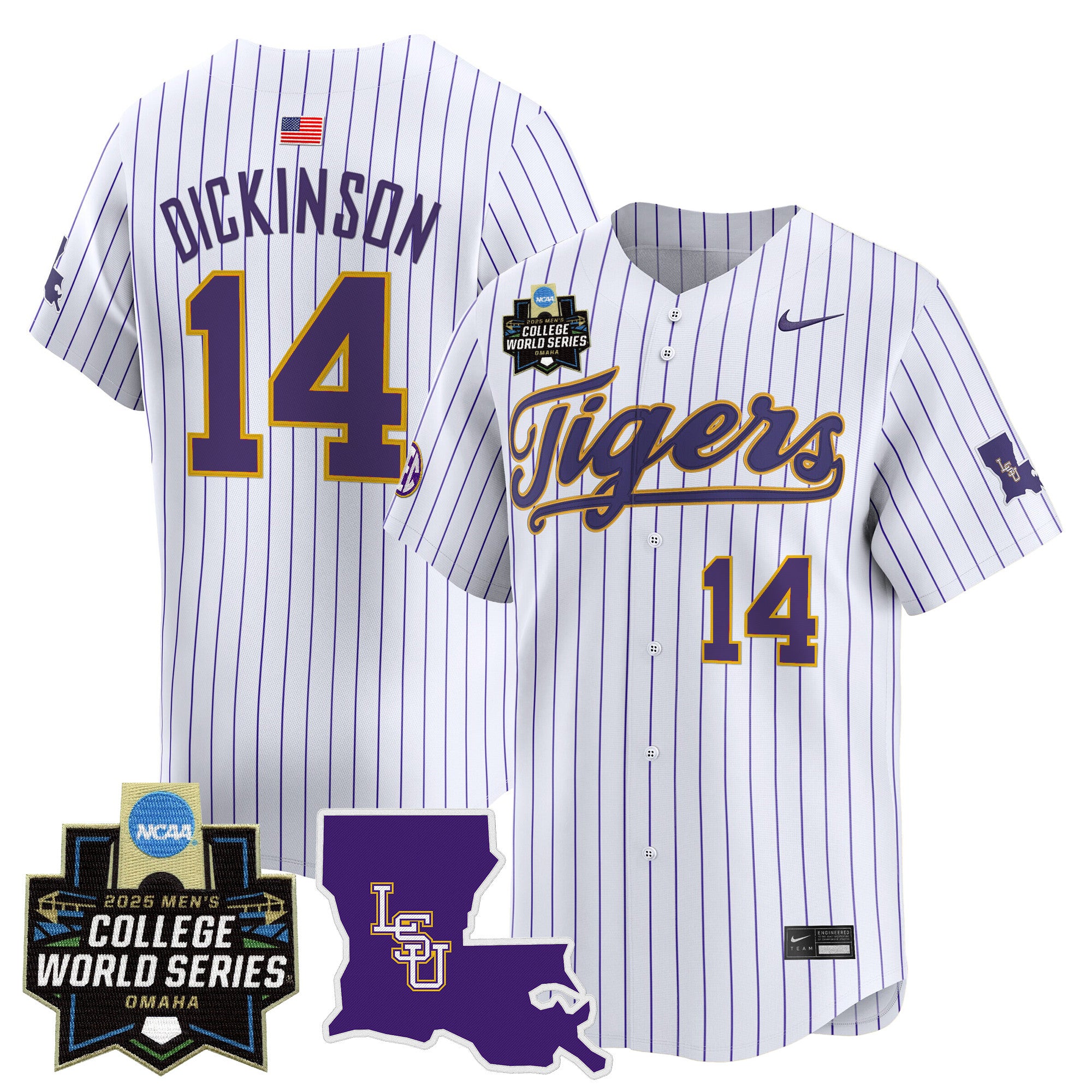 Men's LSU Tigers 2025 World Series Vapor Premier Limited Jersey - All Stitched - Pinstripe, Daniel Dickinson