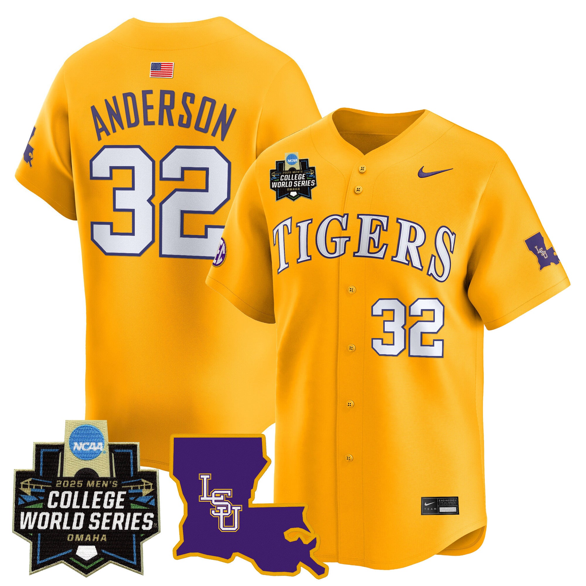 Men's LSU Tigers 2025 World Series Vapor Premier Limited Jersey - All Stitched - Gold, Kade Anderson