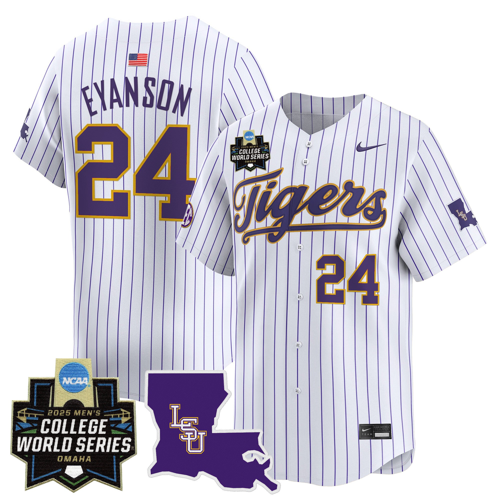 Men's LSU Tigers 2025 World Series Vapor Premier Limited Jersey - All Stitched - Pinstripe, Anthony Eyanson