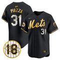 Men's Mets Darryl Strawberry Patch Vapor Premier Limited Jersey - All Stitched - Black Gold, Mike Piazza