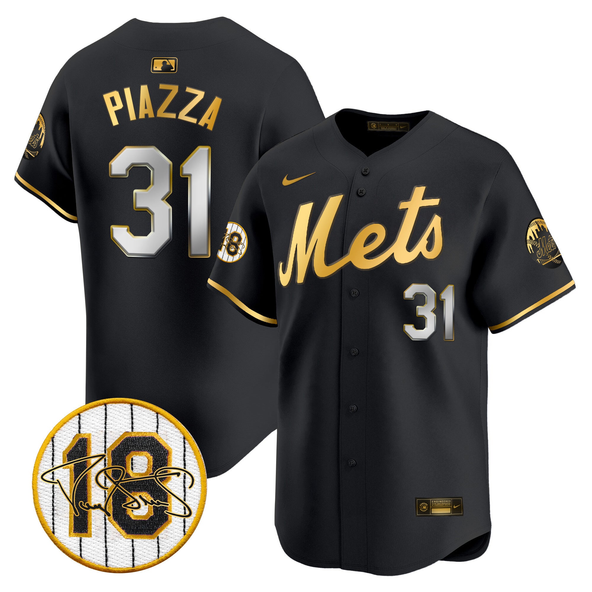 Men's Mets Darryl Strawberry Patch Vapor Premier Limited Jersey - All Stitched - Black Gold, Mike Piazza