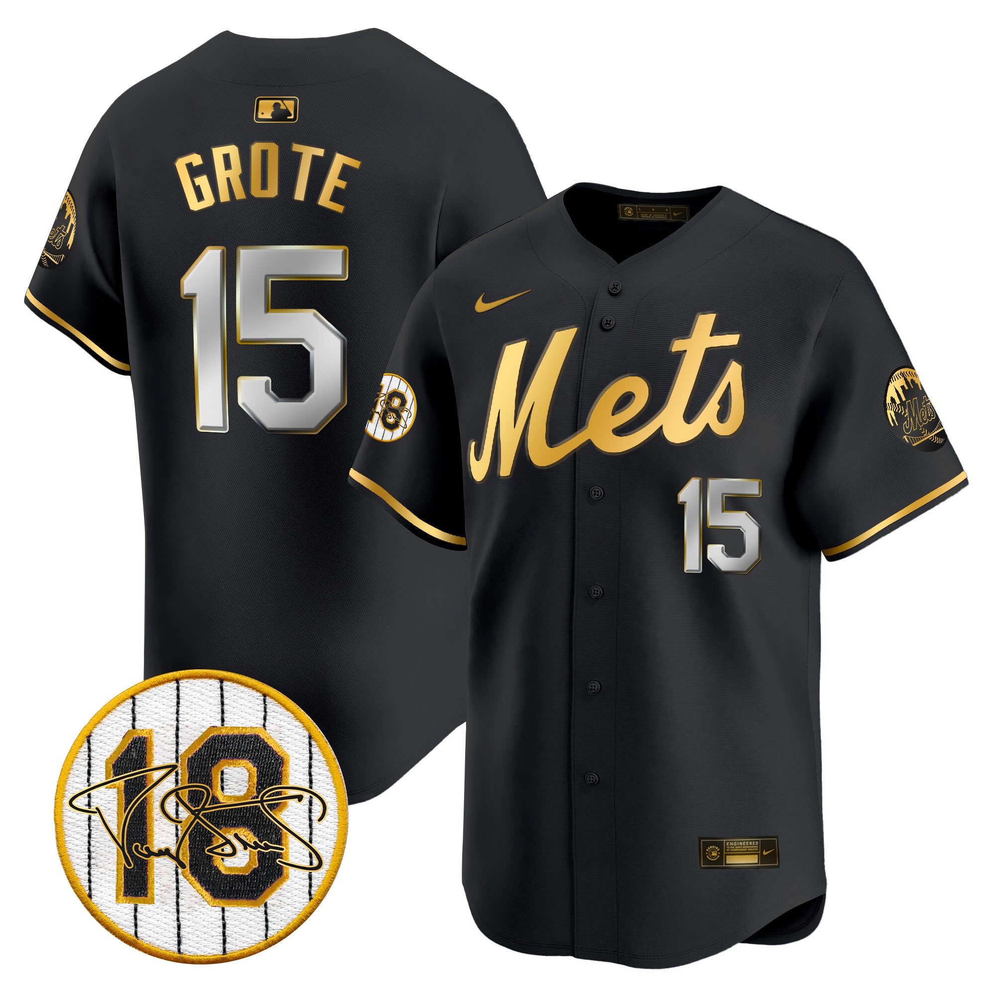 Men's Mets Darryl Strawberry Patch Vapor Premier Limited Jersey - All Stitched - Black Gold, Jerry Grote