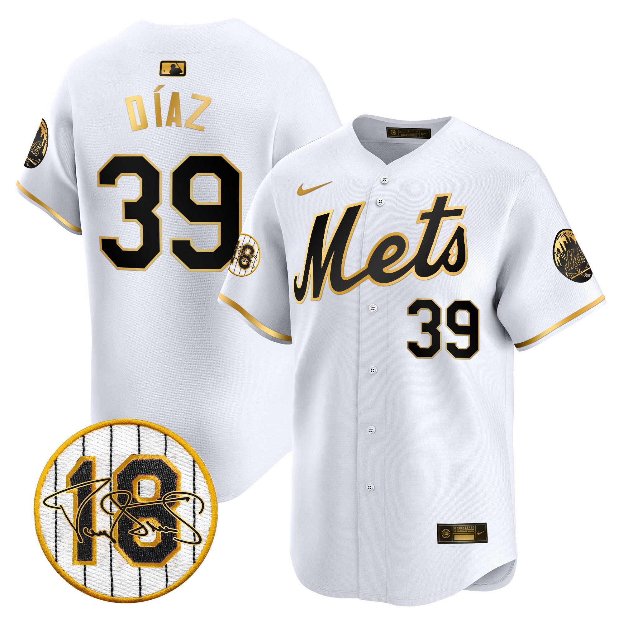 Men's Mets Darryl Strawberry Patch Vapor Premier Limited Jersey - All Stitched - White Gold, Edwin Díaz