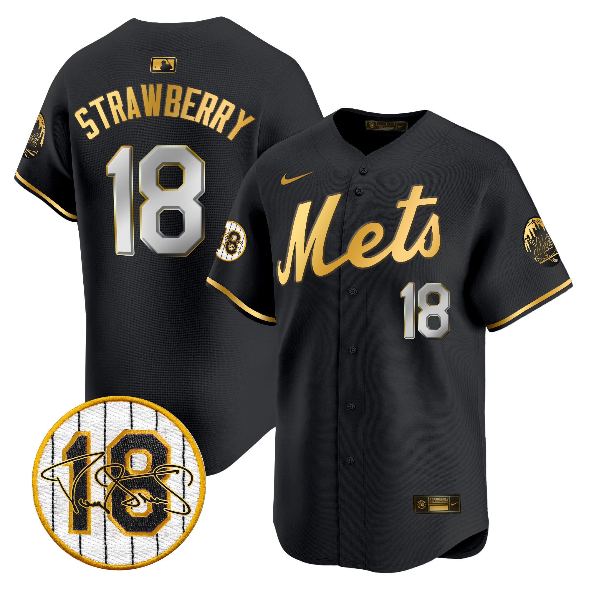 Men's Mets Darryl Strawberry Patch Vapor Premier Limited Jersey - All Stitched - Black Gold, Darryl Strawberry
