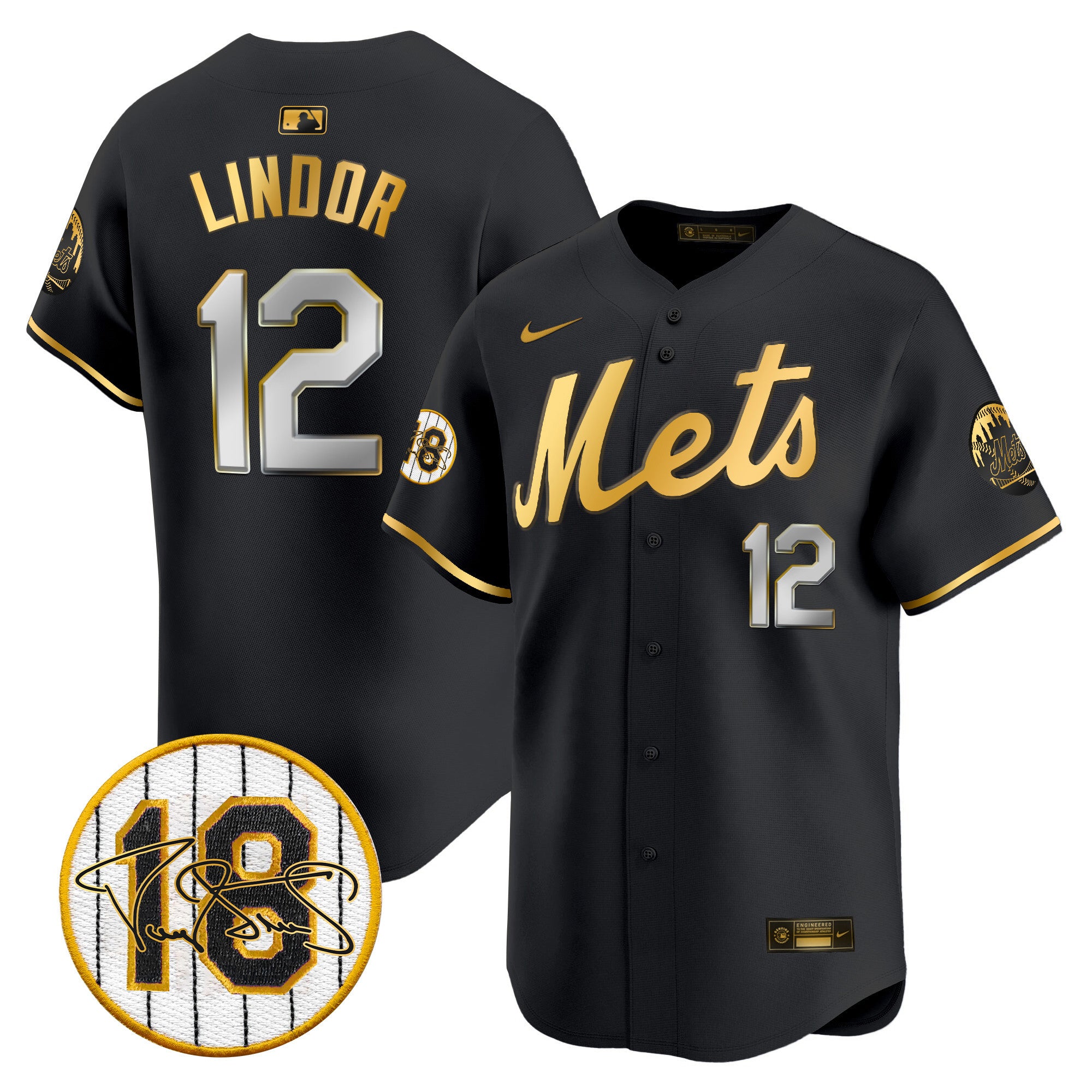Men's Mets Darryl Strawberry Patch Vapor Premier Limited Jersey - All Stitched - Black Gold, Francisco Lindor