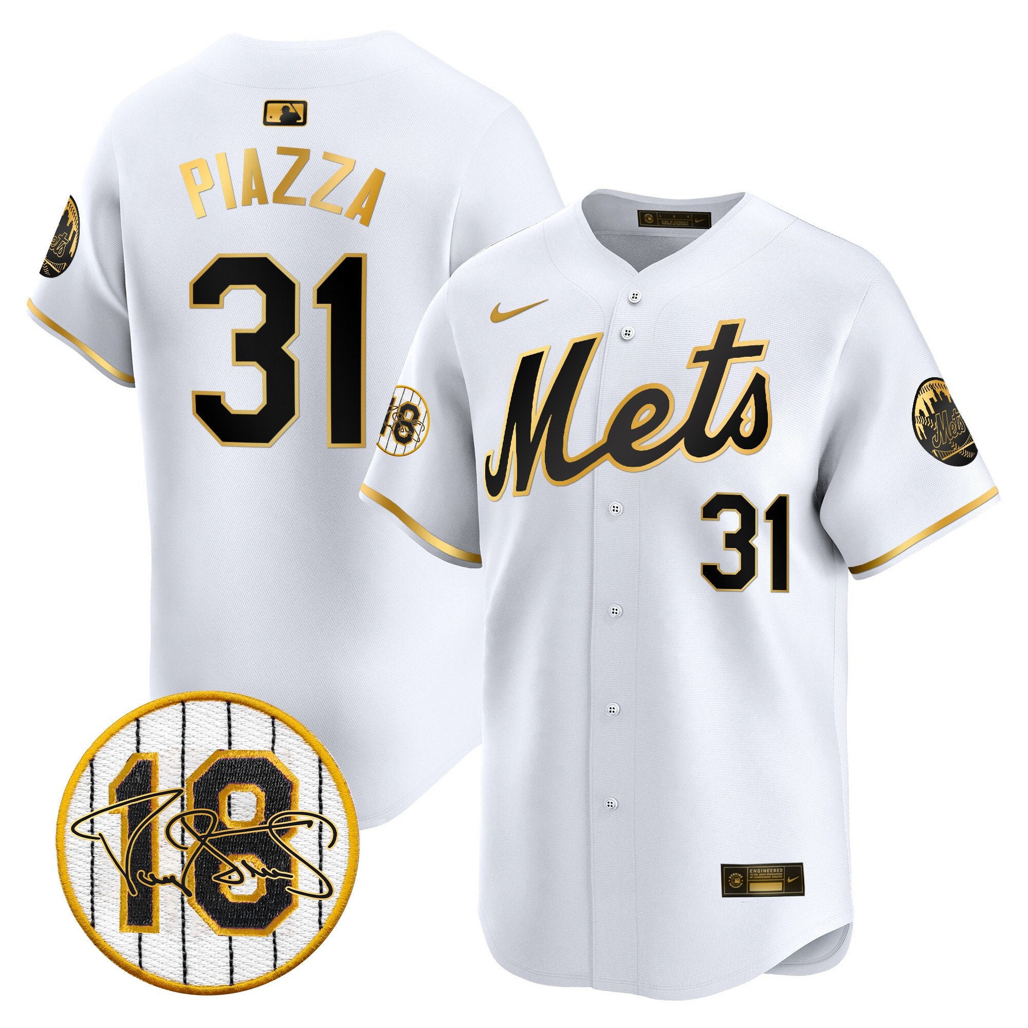 Men's Mets Darryl Strawberry Patch Vapor Premier Limited Jersey - All Stitched - White Gold, Mike Piazza
