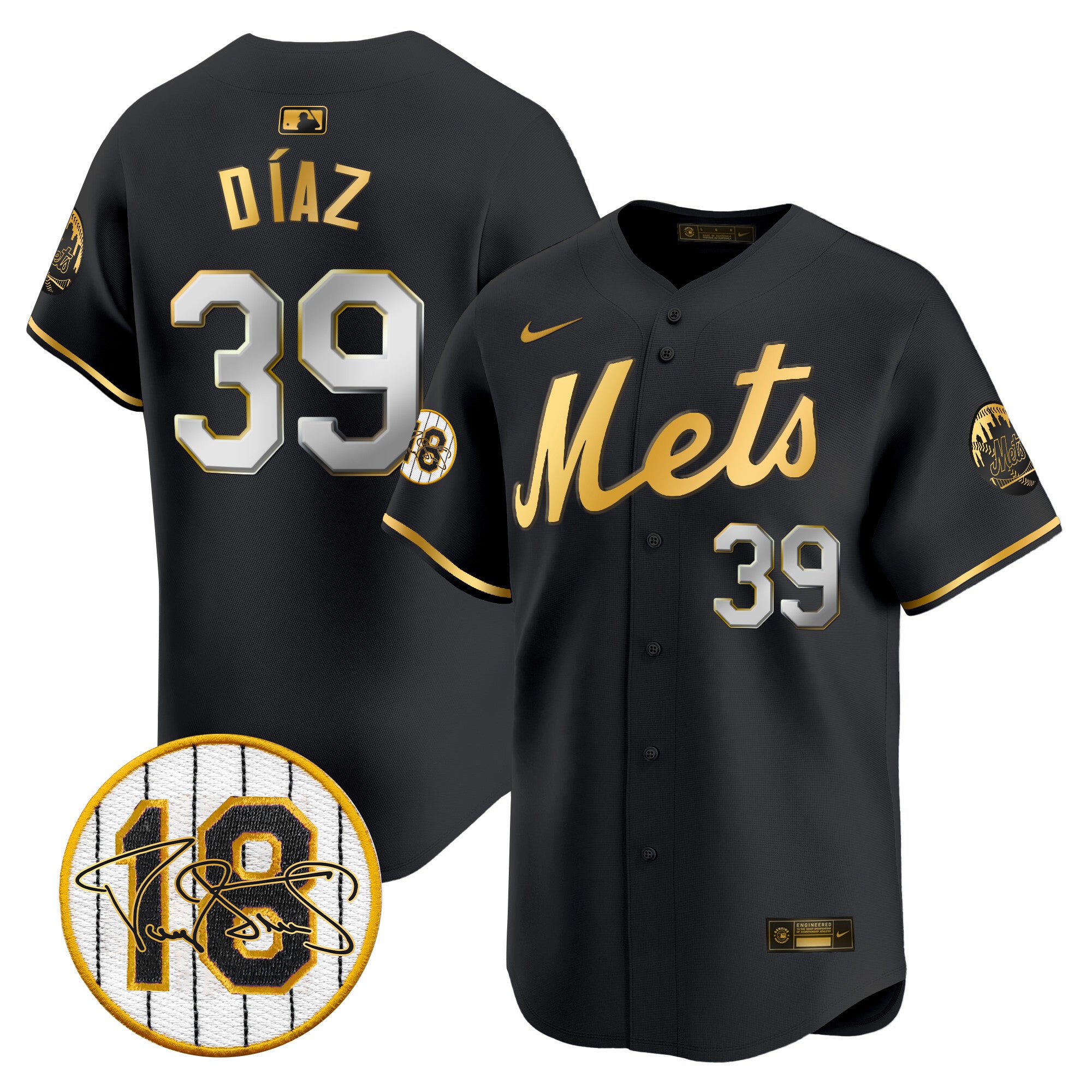 Men's Mets Darryl Strawberry Patch Vapor Premier Limited Jersey - All Stitched - Black Gold, Edwin Díaz