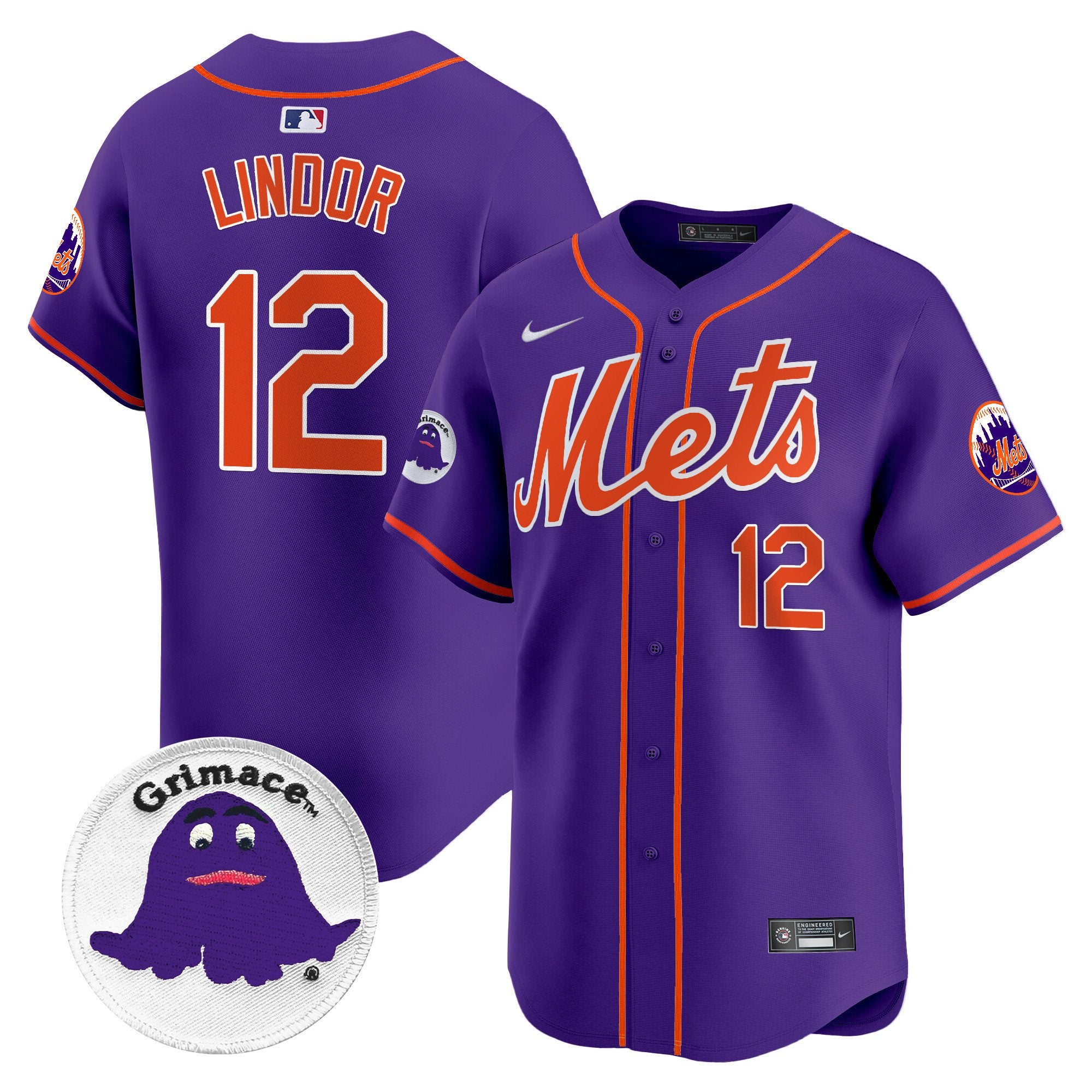 Men's Mets Grimace Vapor Premier Limited Jersey - All Stitched - Purple, Francisco Lindor