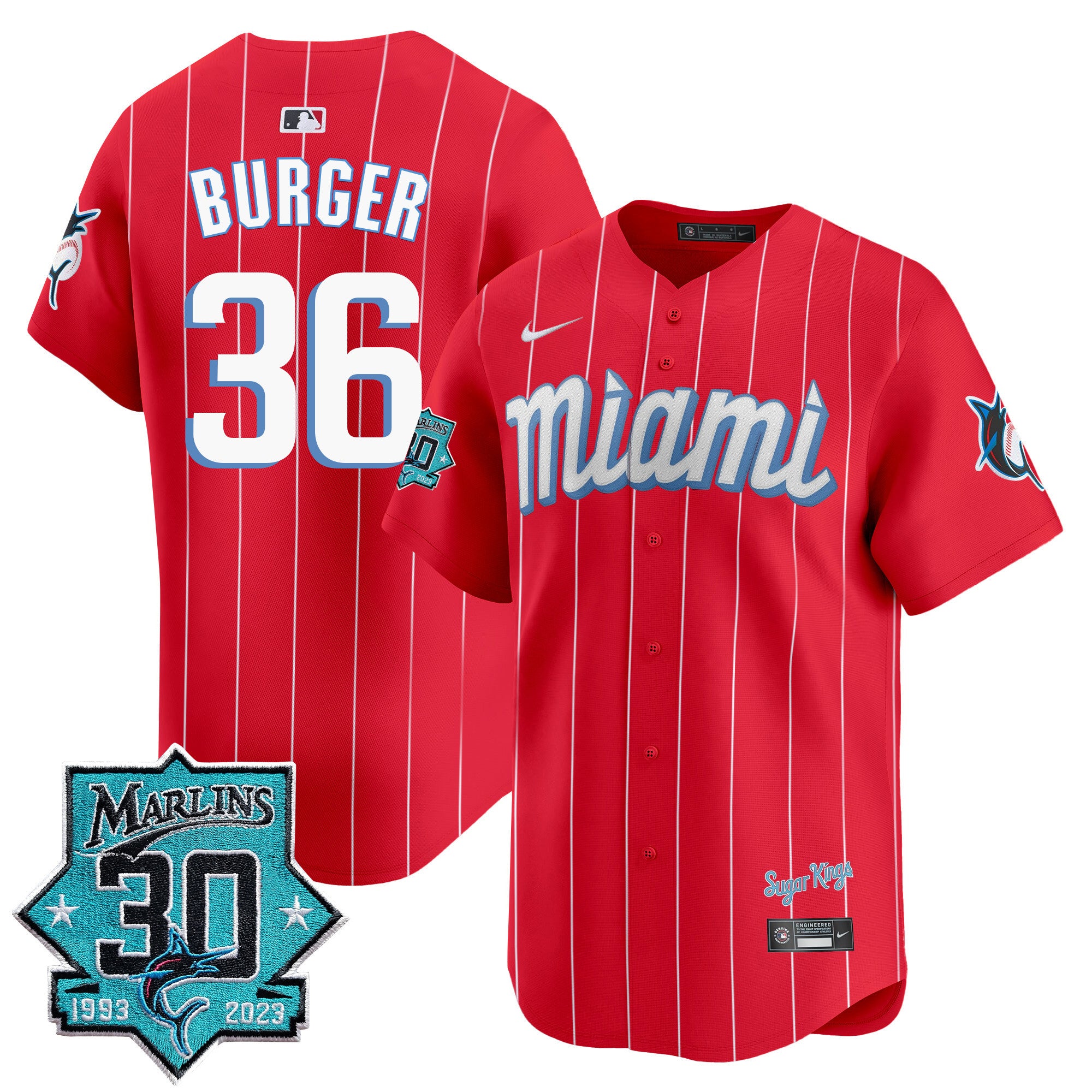 Men's Miami Marlins 30 Seasons Anniversary Patch Vapor Premier Limited Jersey - All Stitched - City Connect, Jake Burger