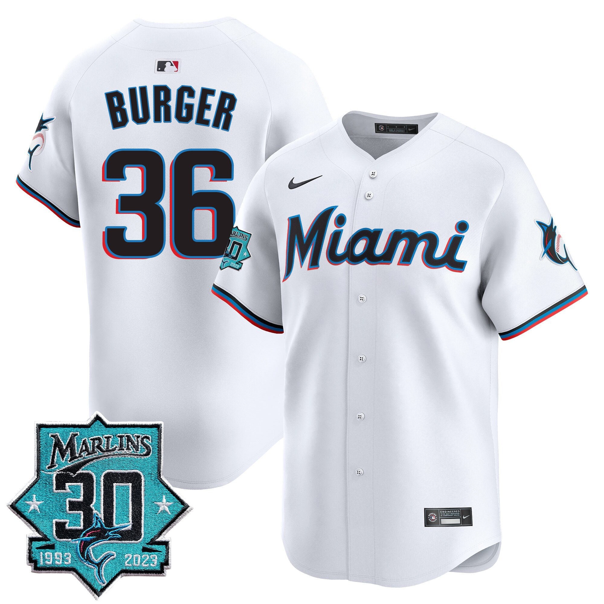 Men's Miami Marlins 30 Seasons Anniversary Patch Vapor Premier Limited Jersey - All Stitched - White, Jake Burger