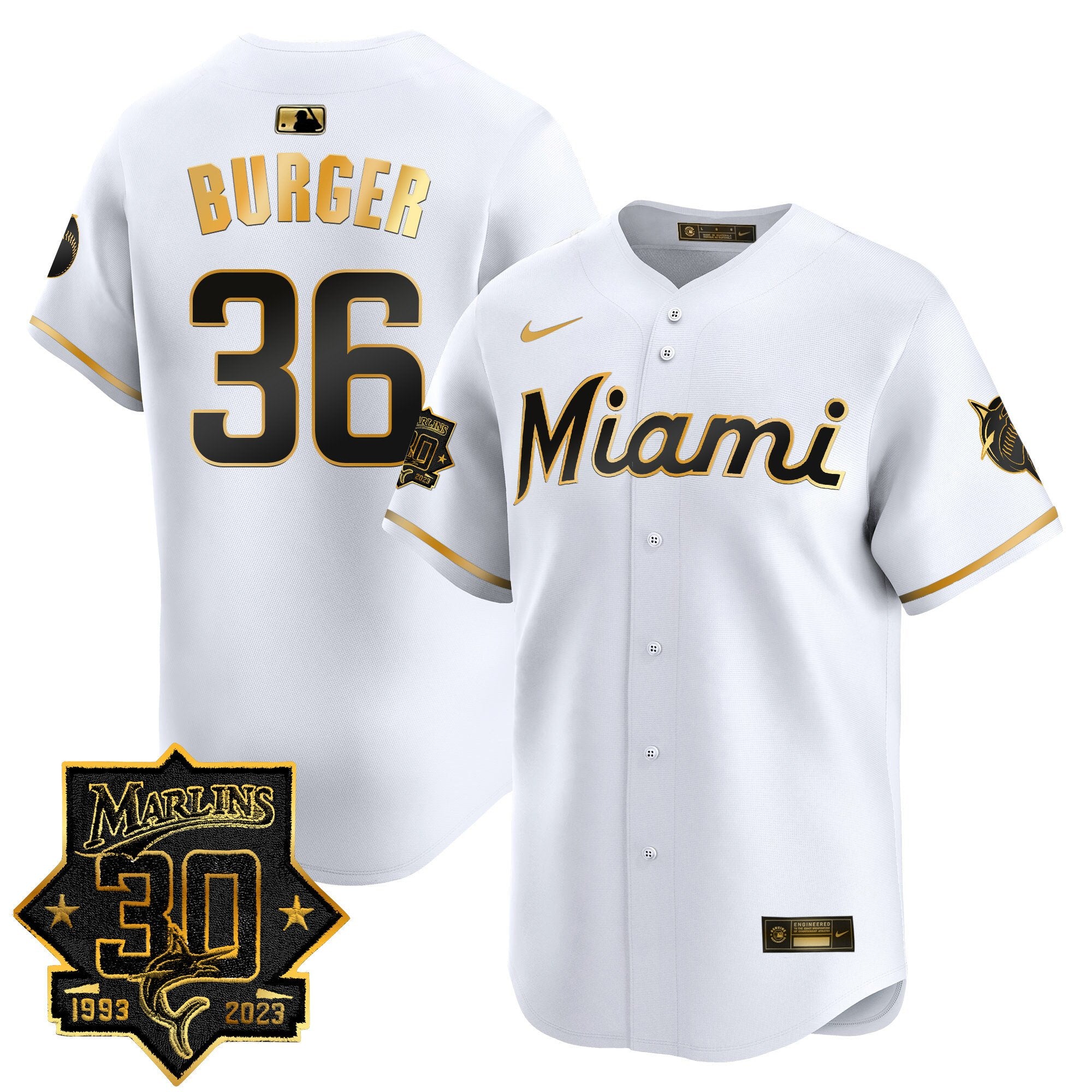 Men's Miami Marlins 30 Seasons Anniversary Patch Vapor Premier Limited Jersey - All Stitched - White Gold, Jake Burger