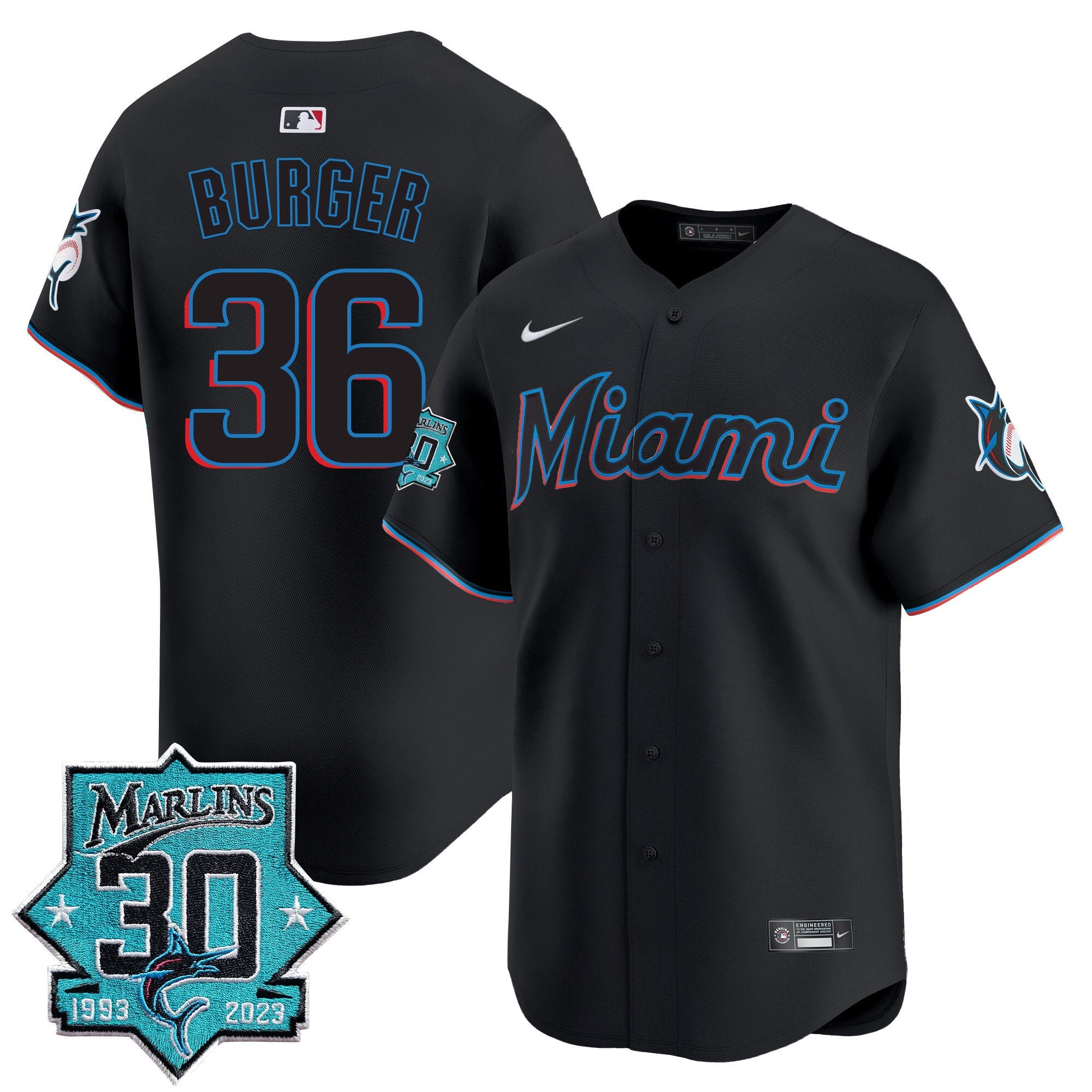 Men's Miami Marlins 30 Seasons Anniversary Patch Vapor Premier Limited Jersey - All Stitched - Black, Jake Burger