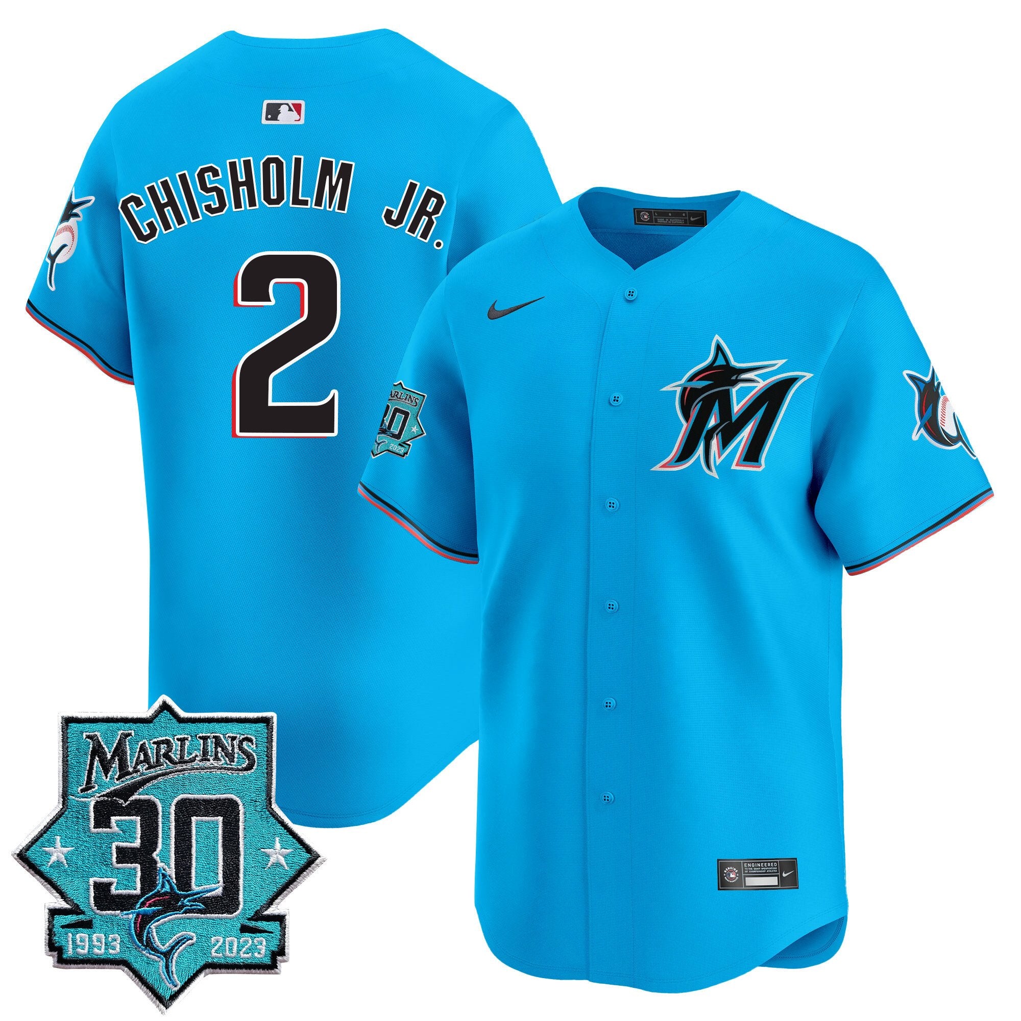 Men's Miami Marlins 30 Seasons Anniversary Patch Vapor Premier Limited Jersey - All Stitched - Blue, Jazz Chisholm Jr.