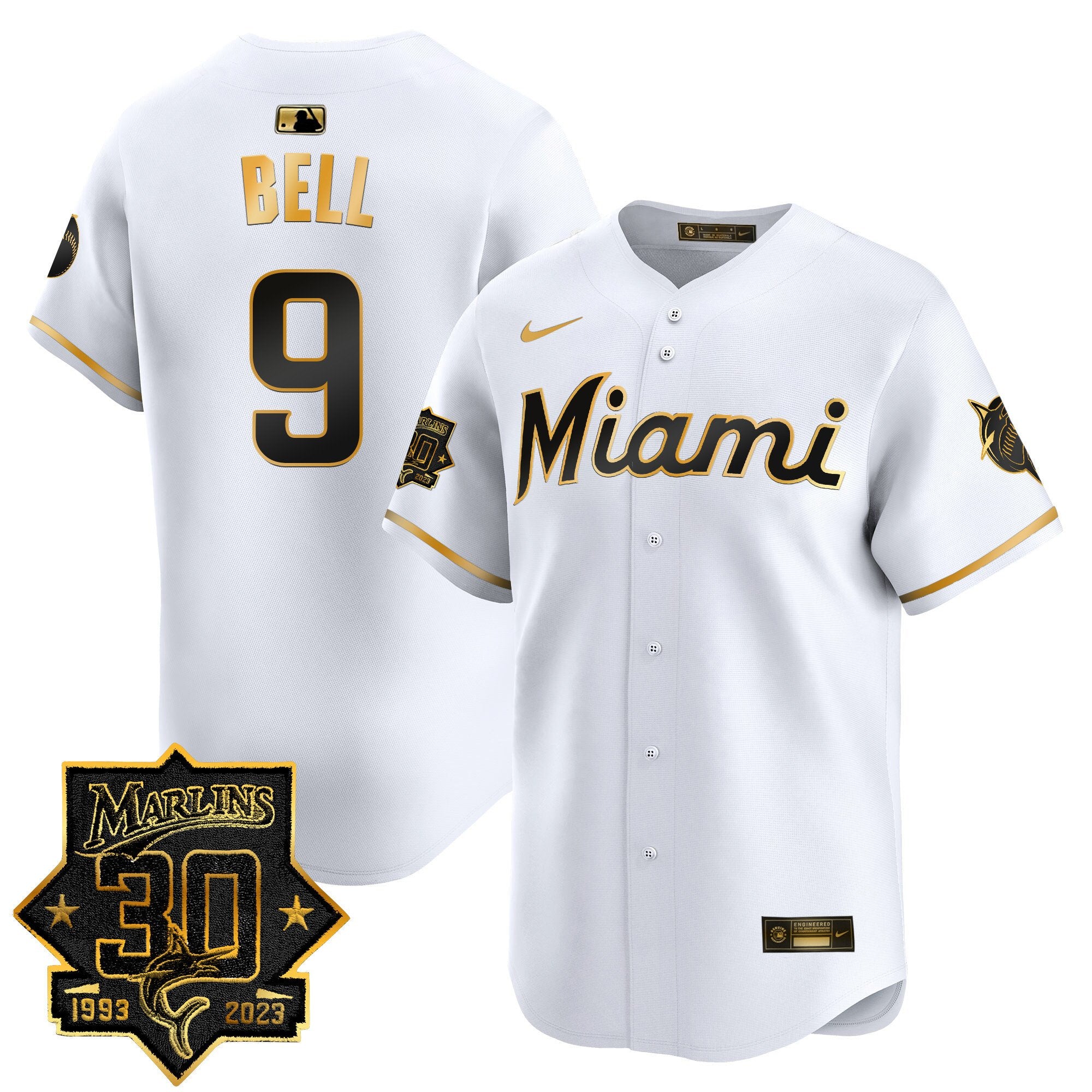 Men's Miami Marlins 30 Seasons Anniversary Patch Vapor Premier Limited Jersey - All Stitched - White Gold, Josh Bell