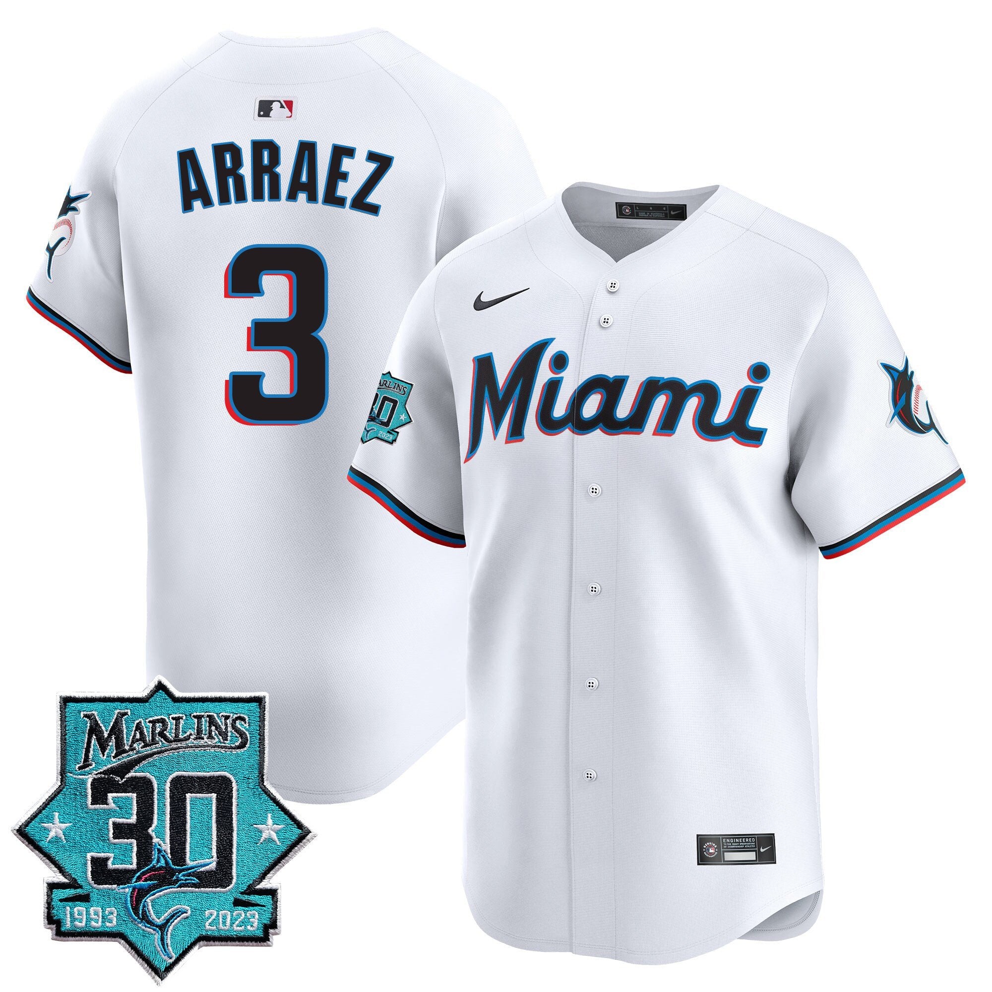 Men's Miami Marlins 30 Seasons Anniversary Patch Vapor Premier Limited Jersey - All Stitched - White, Luis Arraez